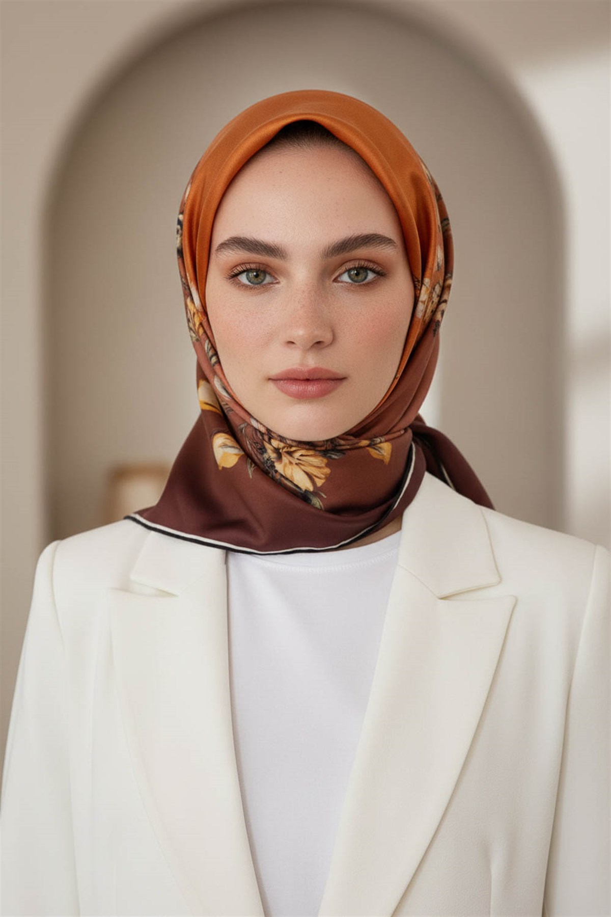 %100 Twill İpek Sonsuz Çiçek Desenli Taba Renkli 90x90 Eşarp Dikim Şekli : El Dikişi
