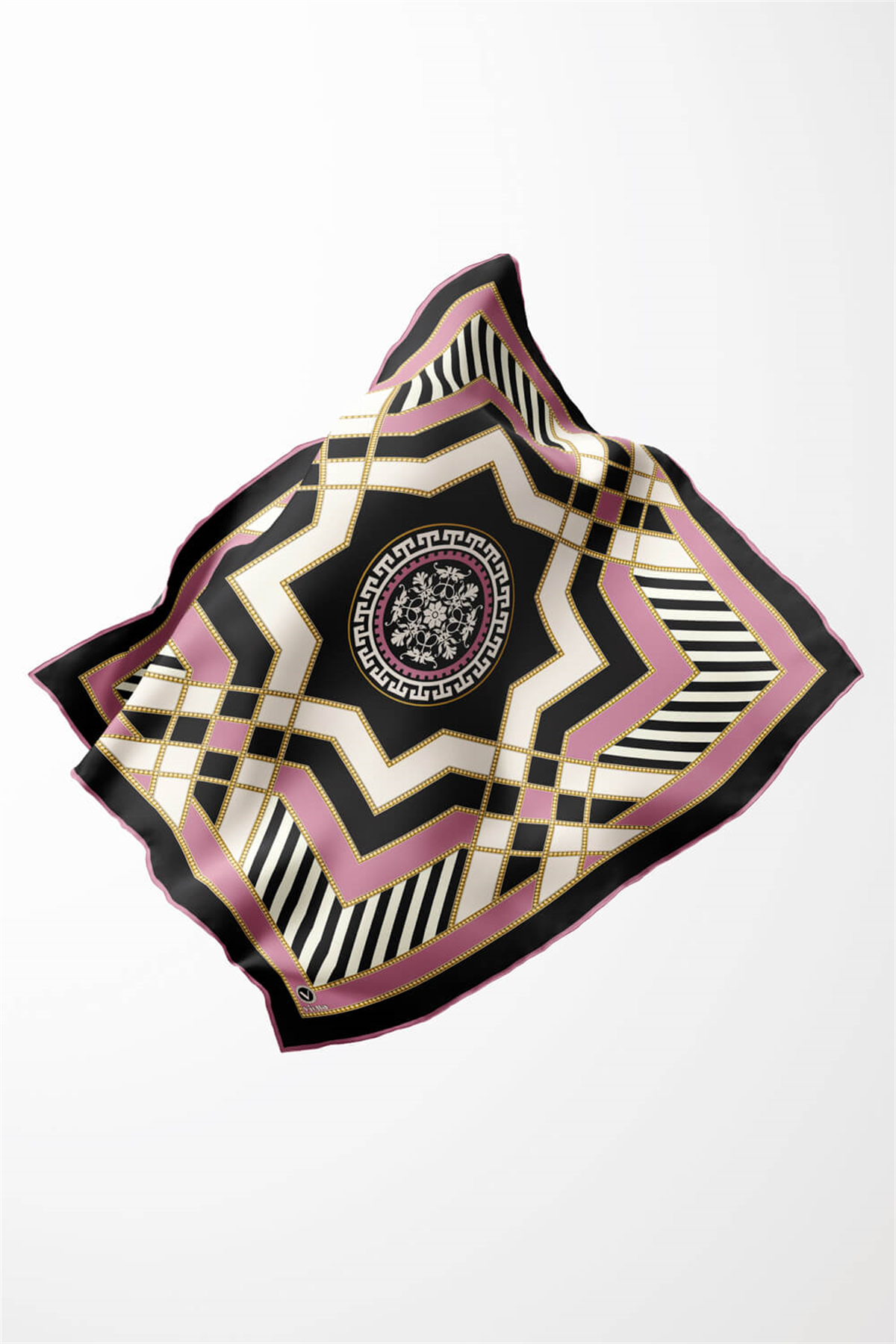 Twill Gold Detaylı Çizgili Desenli Pembe Renkli 90x90 Eşarp (İpek İçermez) Kenar Dikiş Şekli El Dikişli