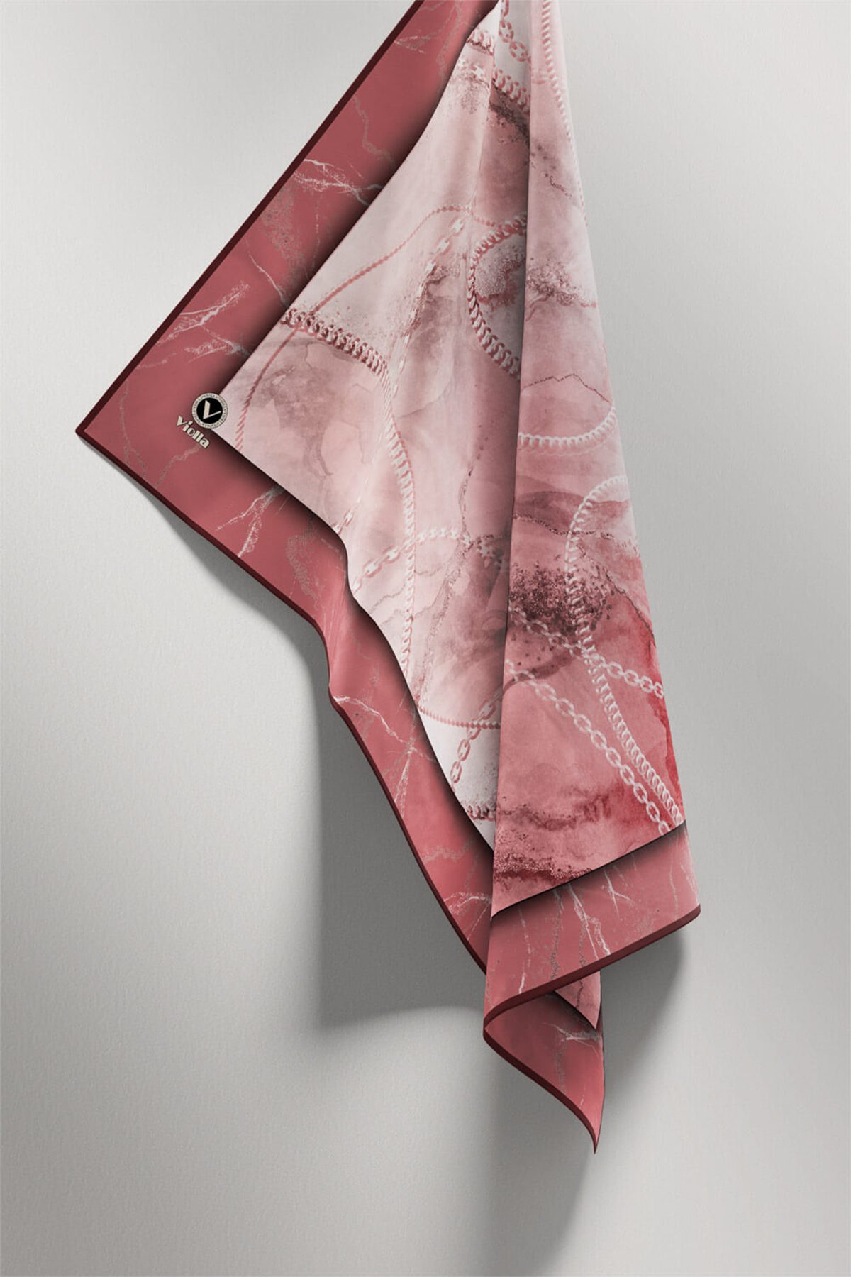 Twill Mermer ve Zincir Desenli Pudra Renkli 90x90 Eşarp (İpek İçermez) Kenar Dikiş Şekli El Dikişli
