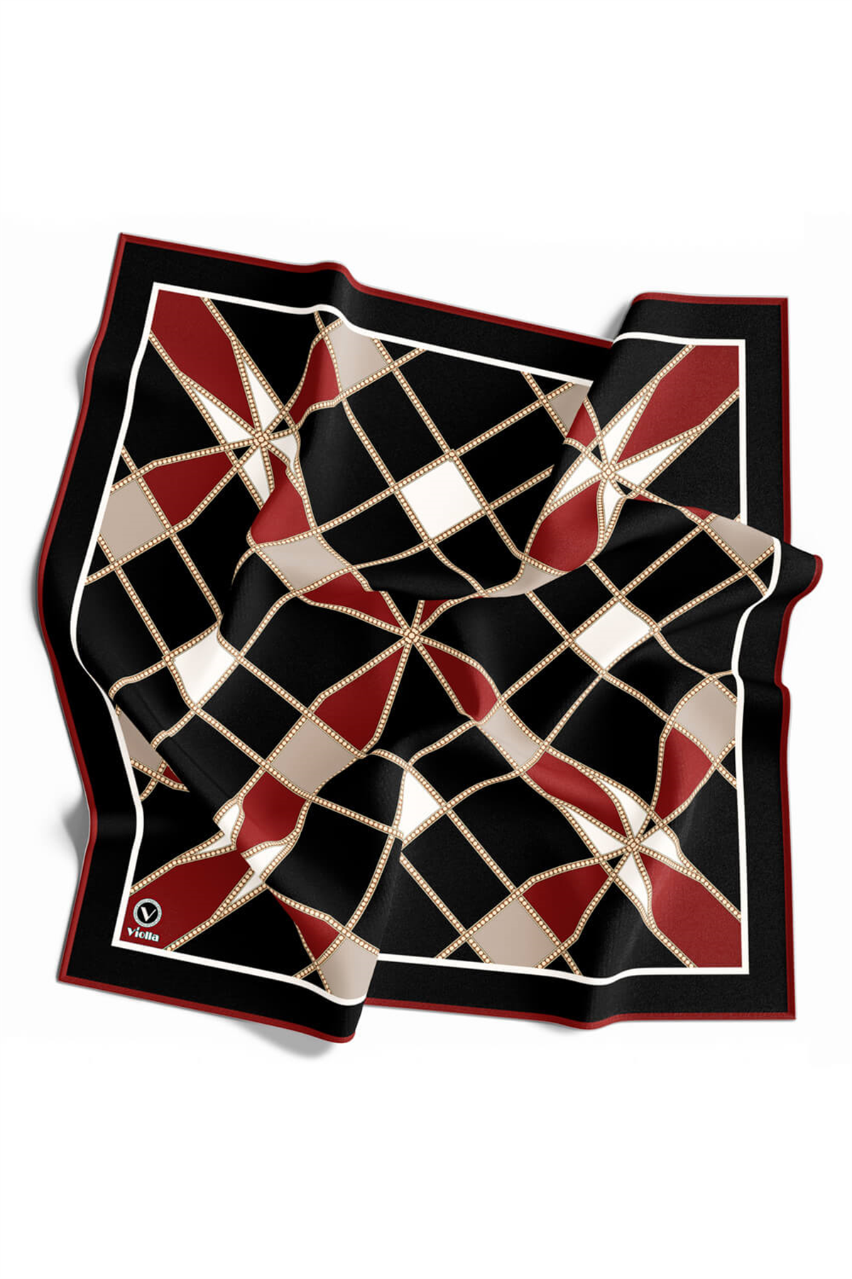 Twill Gold Detaylı Geometrik Çiçekli Desenli Bordo Renkli 90x90 Eşarp (İpek İçermez) Kenar Dikiş Şekli El Dikişli