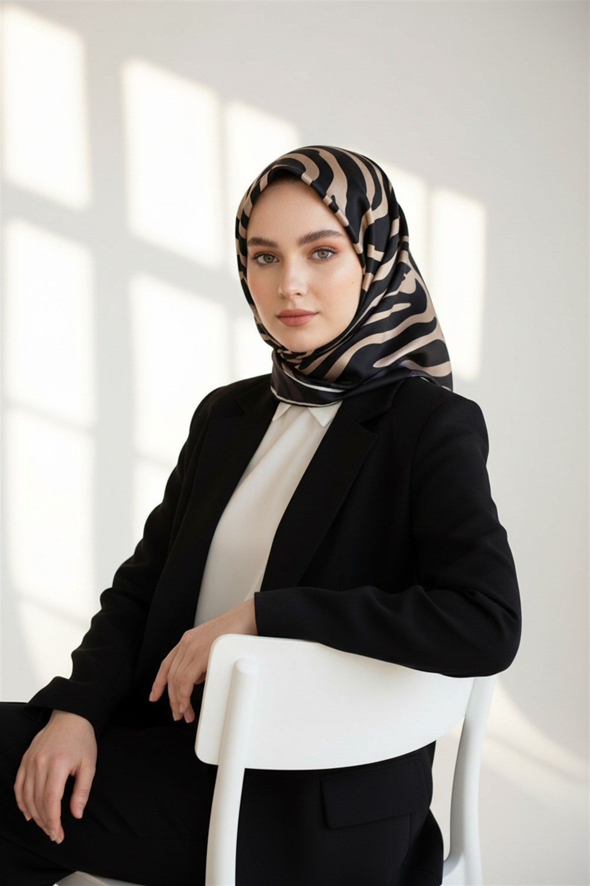 %100 Twill İpek Zebra Desenli Bej - Siyah Renkli 90x90 Eşarp Dikim Şekli : El Dikişi