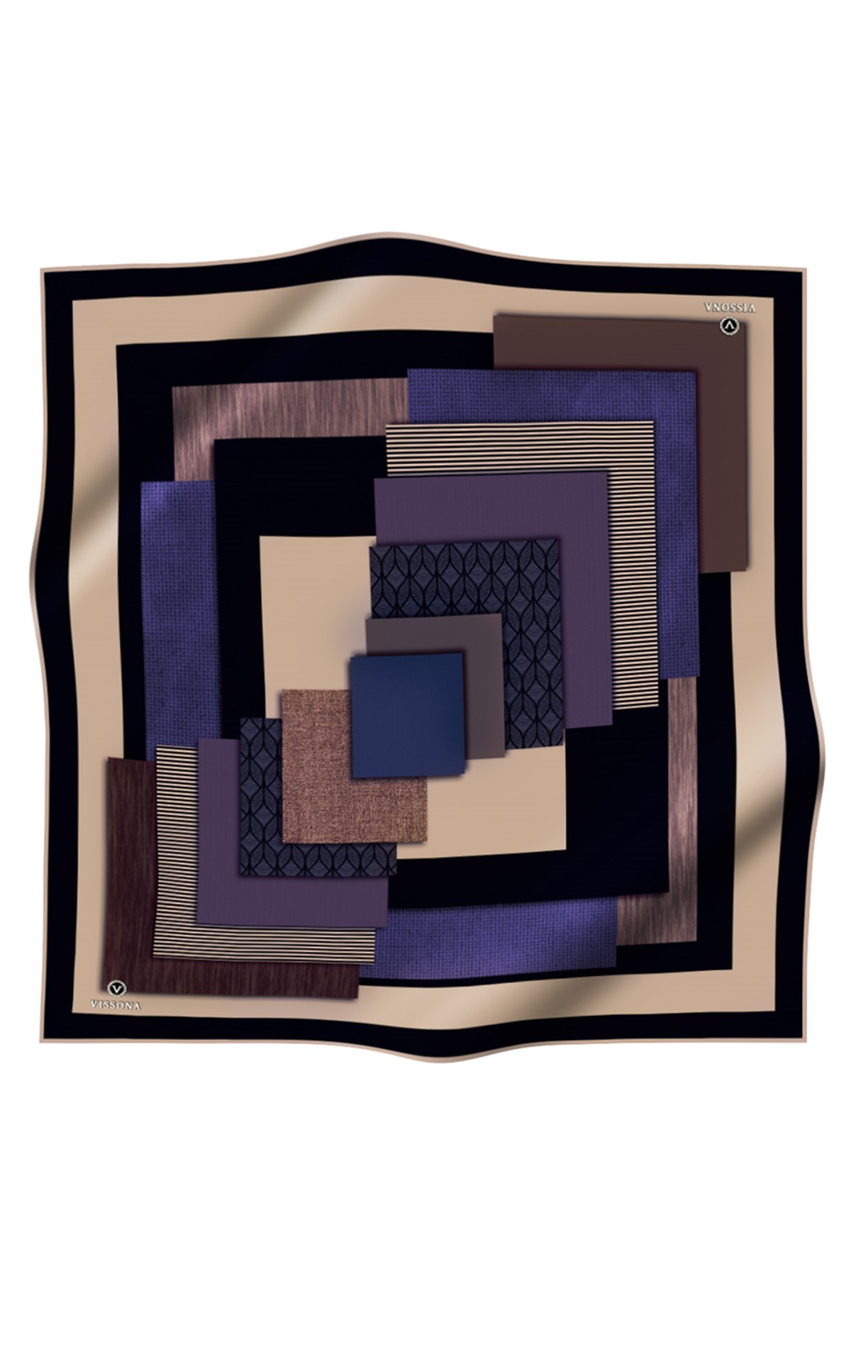 %100 Twill İpek Geometrik Desenli Mor - Siyah Renkli 90x90 Eşarp Dikim Şekli : El Dikişi