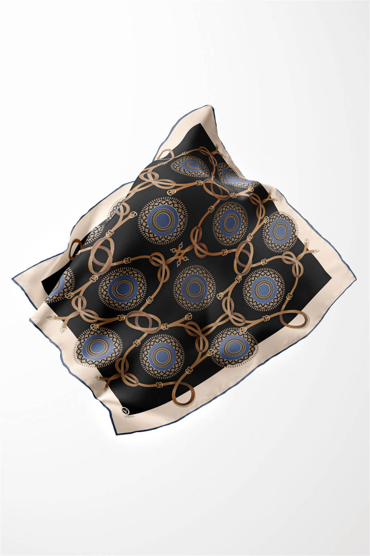 Twill Kemerli Ve Geometrik Desenli İndigo Renkli 90x90 Eşarp (İpek İçermez) Kenar Dikiş Şekli El Dikişli