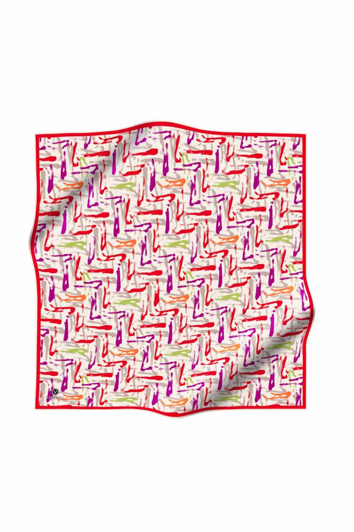 %100 Twill İpek Geometrik Desenli Kırmızı- Mürdüm Renkli 90x90 Eşarp Dikim Şekli : El Dikişi