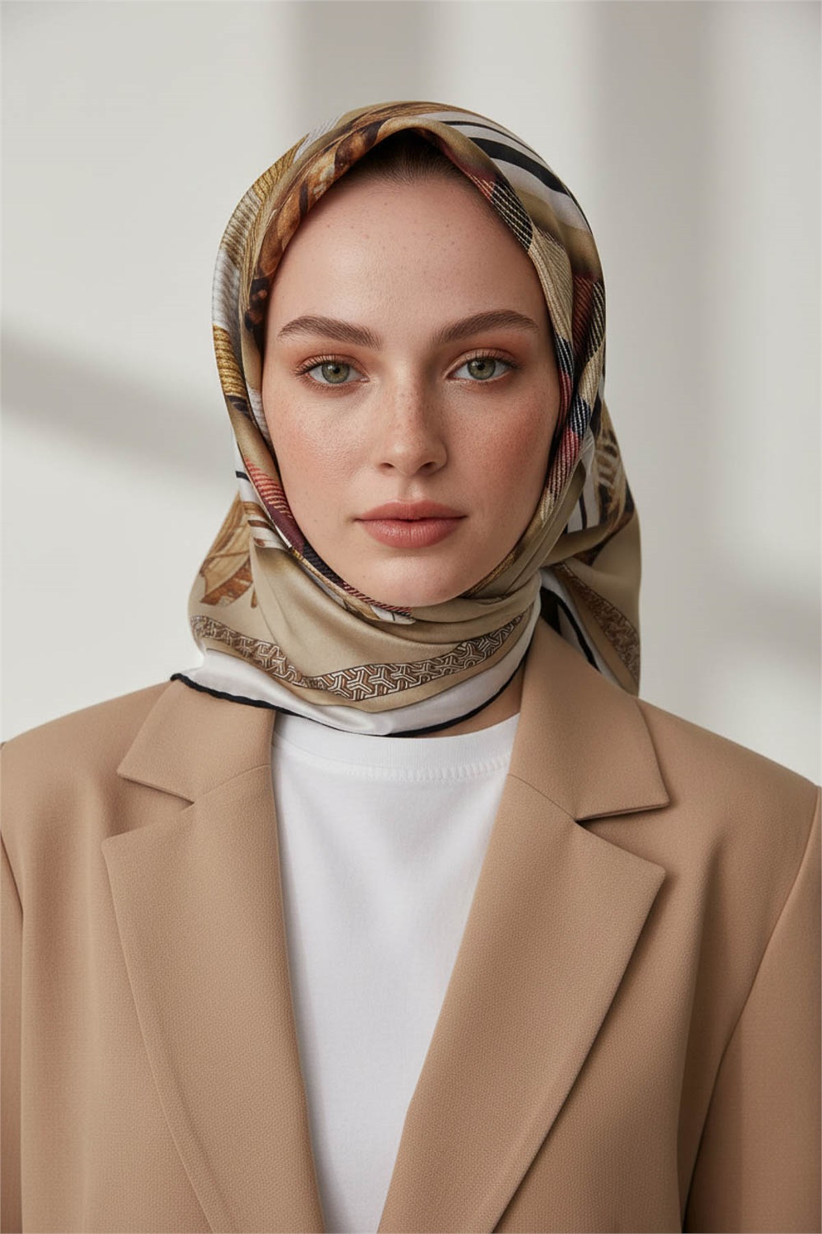 %100 Twill İpek Ekose Desenli Bej - Kırmızı Renkli 90x90 Eşarp Dikim Şekli : El Dikişi