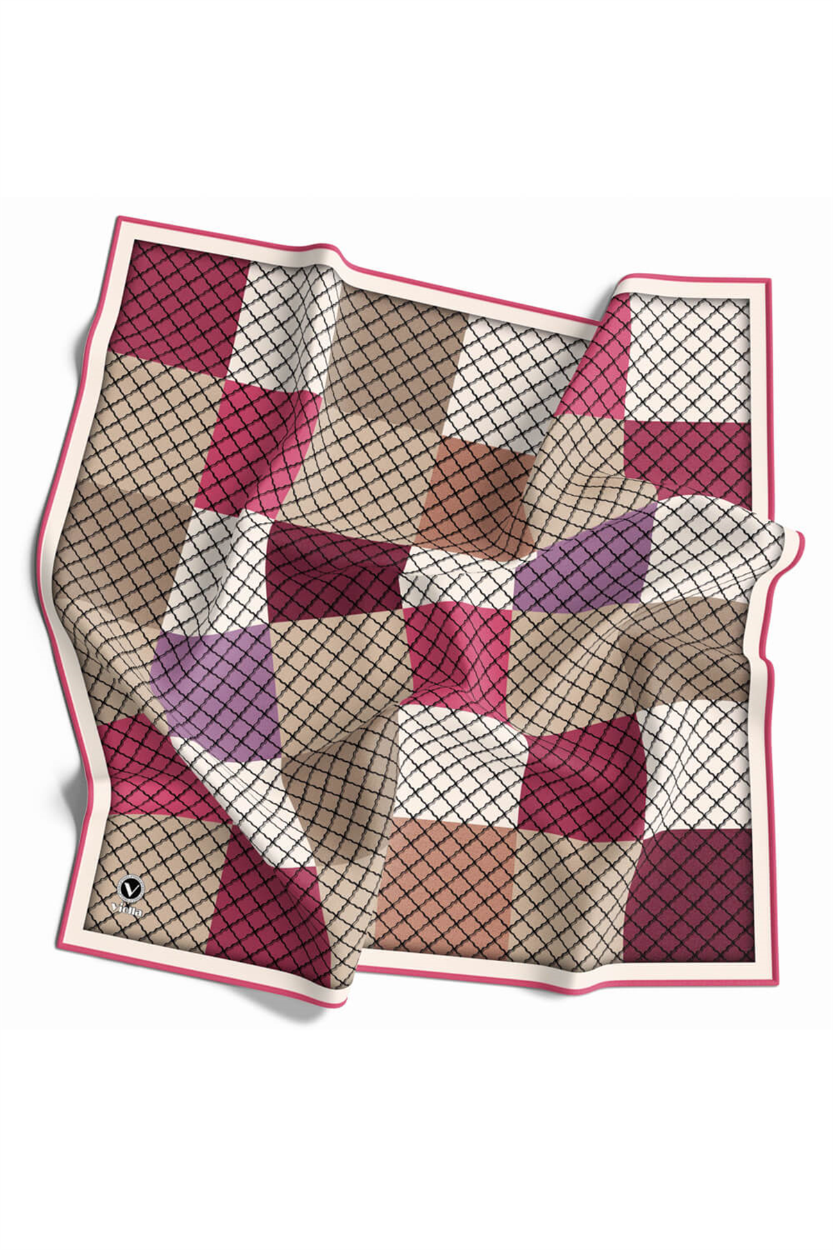 Twill Kare Desenli Pembe Renkli 90x90 Eşarp (İpek İçermez) Kenar Dikiş Şekli El Dikişli