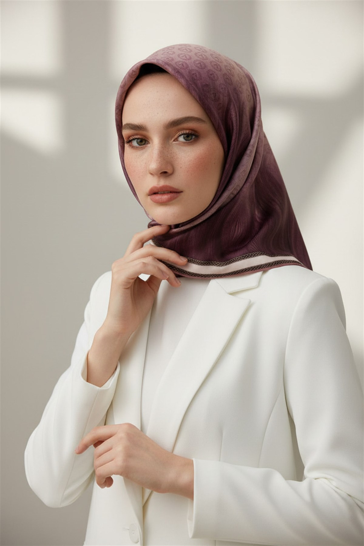 % 57 İPEK % 43 VİSKON Twill İpek Monogram Desenli Pudra Renkli 90x90 Dikim Şekli : El Dikişi Eşarp