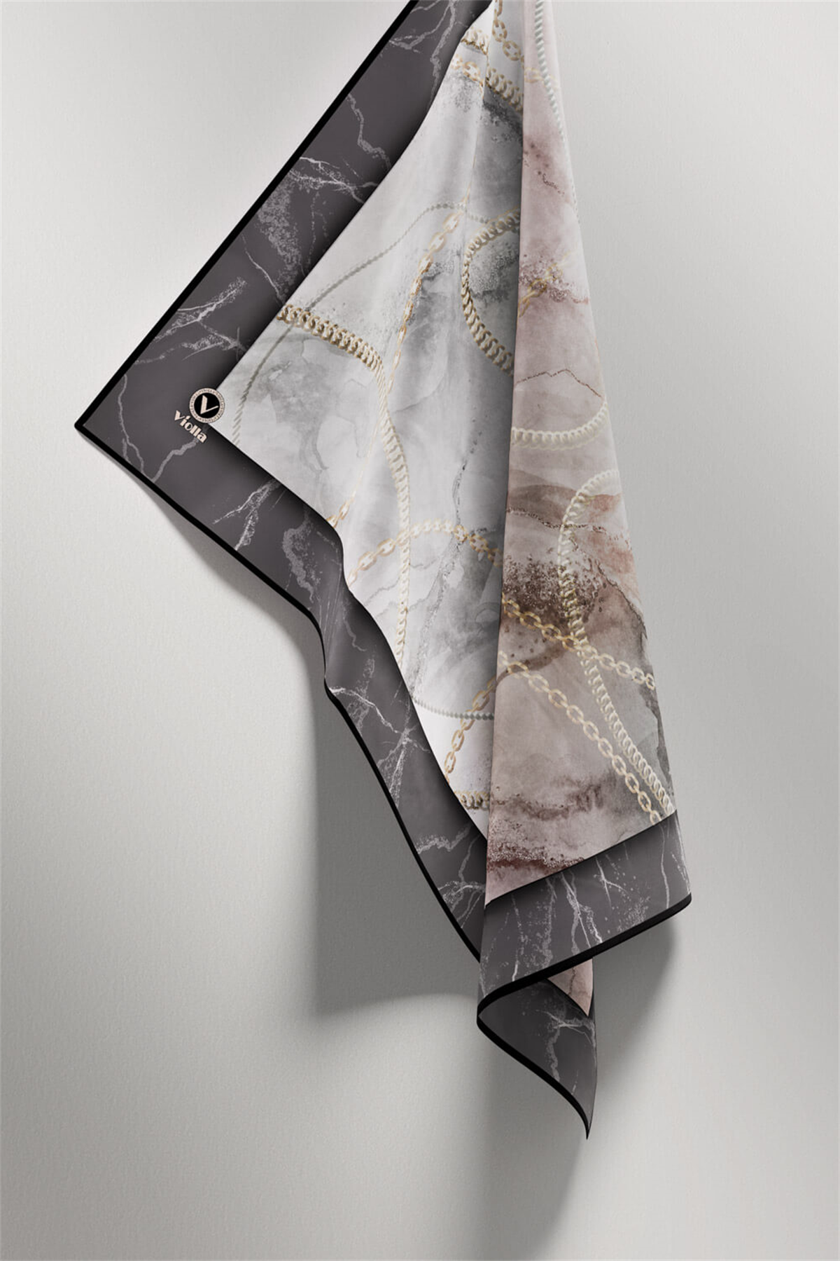 Twill Mermer ve Zincir Desenli Gri Renkli 90x90 Eşarp (İpek İçermez) Kenar Dikiş Şekli El Dikişli