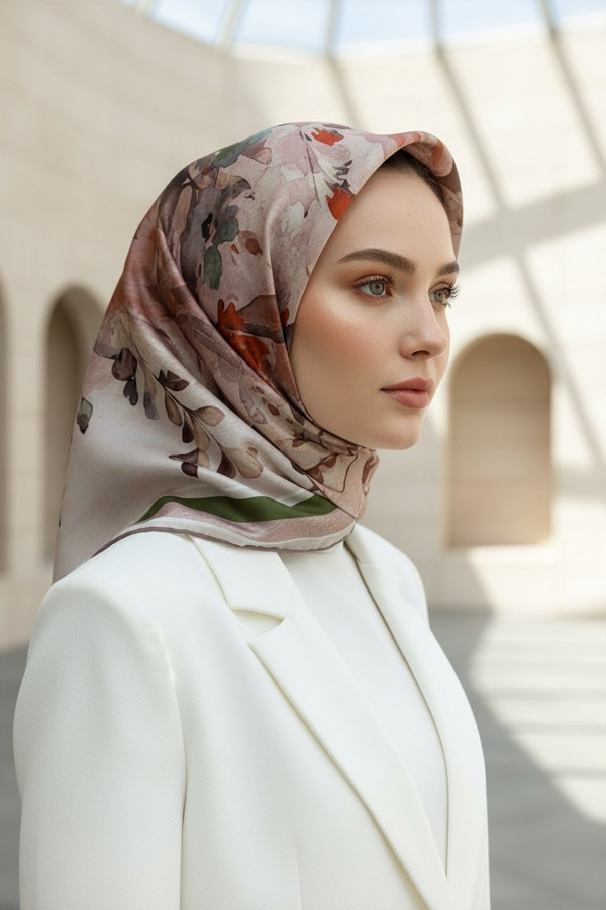 %100 Twill İpek Bahar Çiçekleri Desenli Narçiçeği - Haki Renkli 90x90 Eşarp Dikim Şekli : El Dikişi