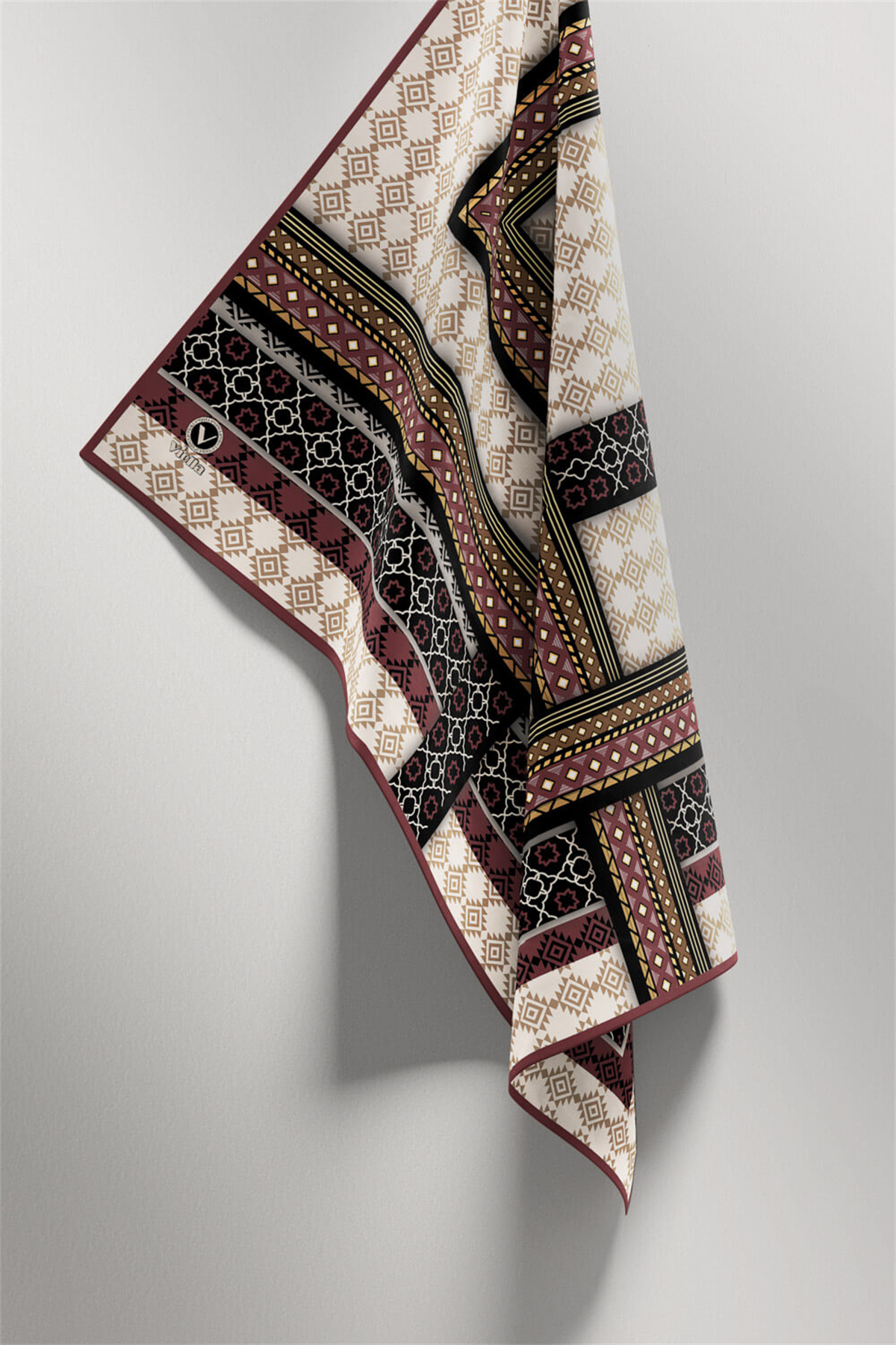 Twill Etnik Desenli Gül Kurusu Renkli 90x90 Eşarp (İpek İçermez) Kenar Dikiş Şekli El Dikişli