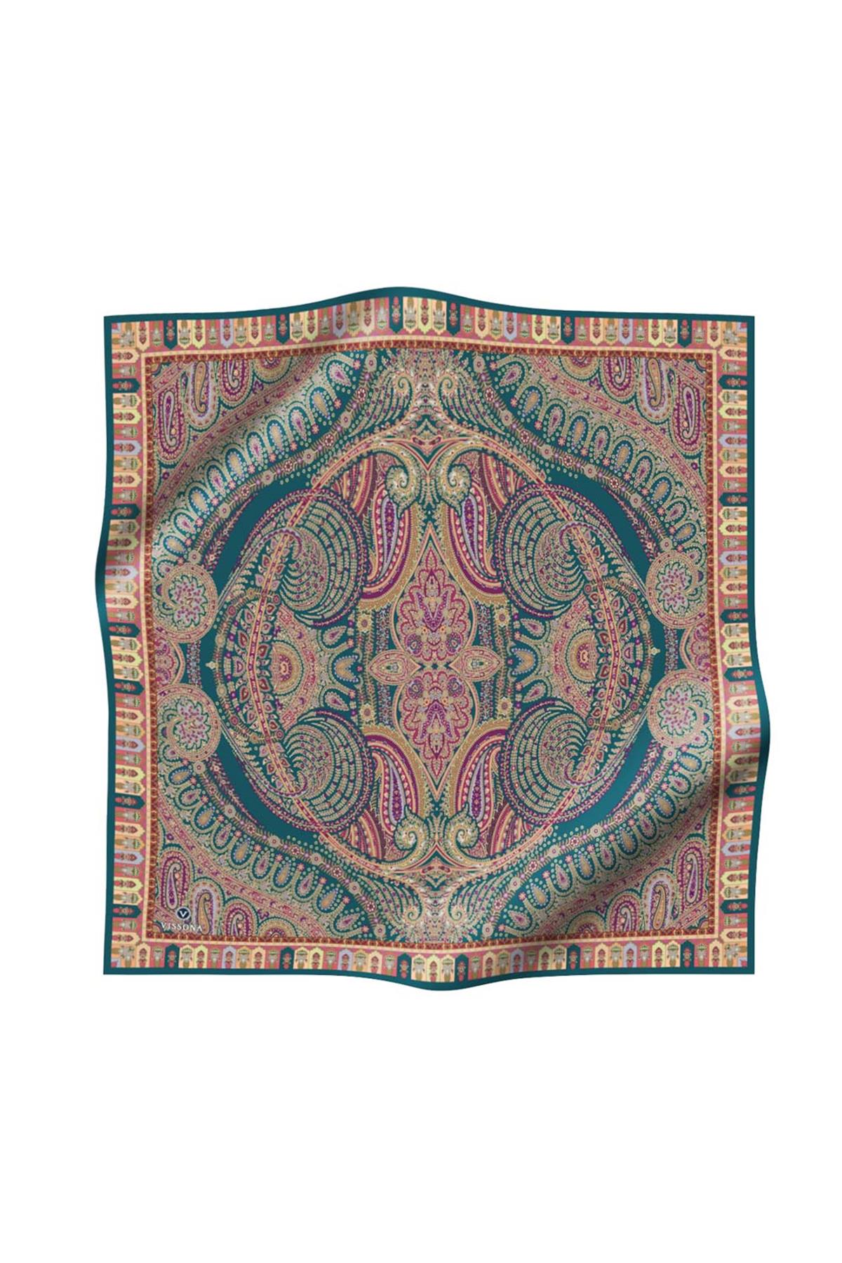 %100 Twill İpek Etro Desenli Petrol Mavisi Renkli 90x90 Eşarp Dikim Şekli : El Dikişi