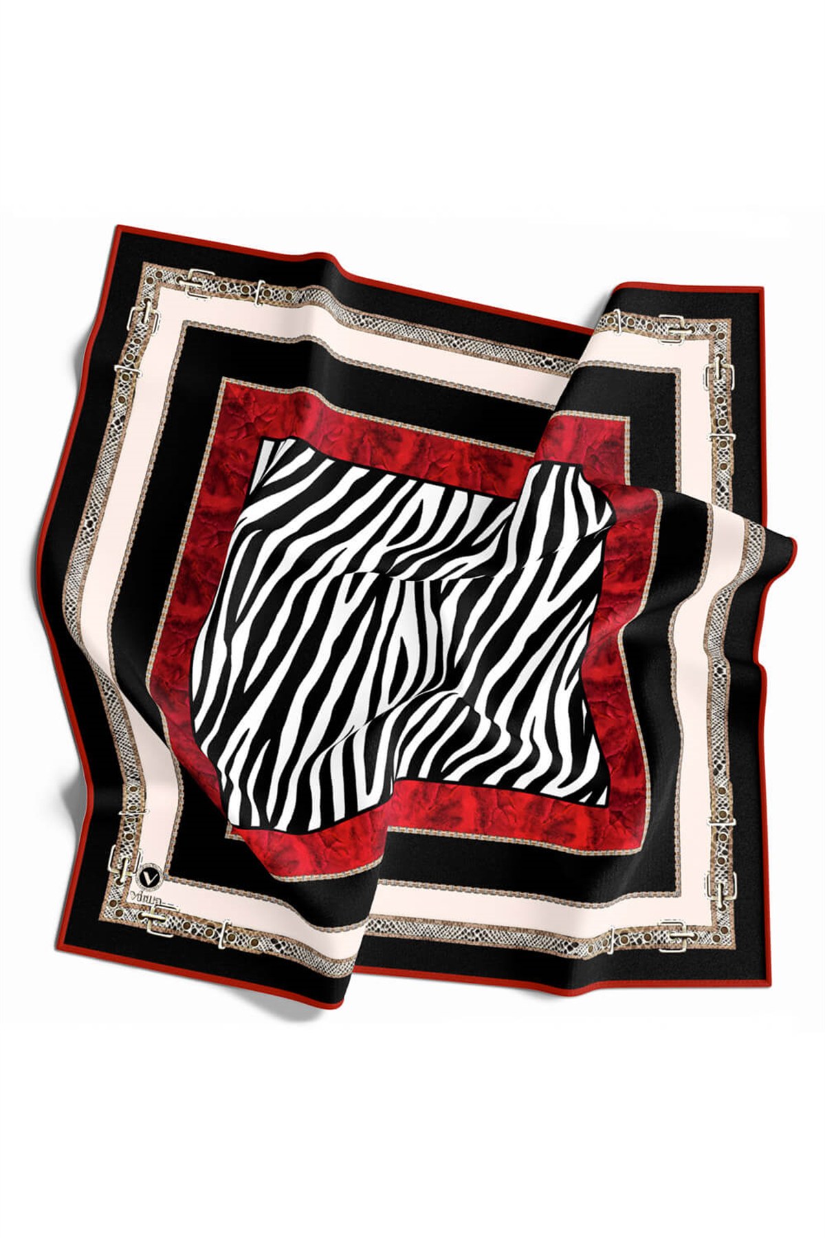 Twill Kemer Bordürlü Zincir Desenli Kırmızı Renkli 90x90 Eşarp (İpek İçermez) Kenar Dikiş Şekli El Dikişli