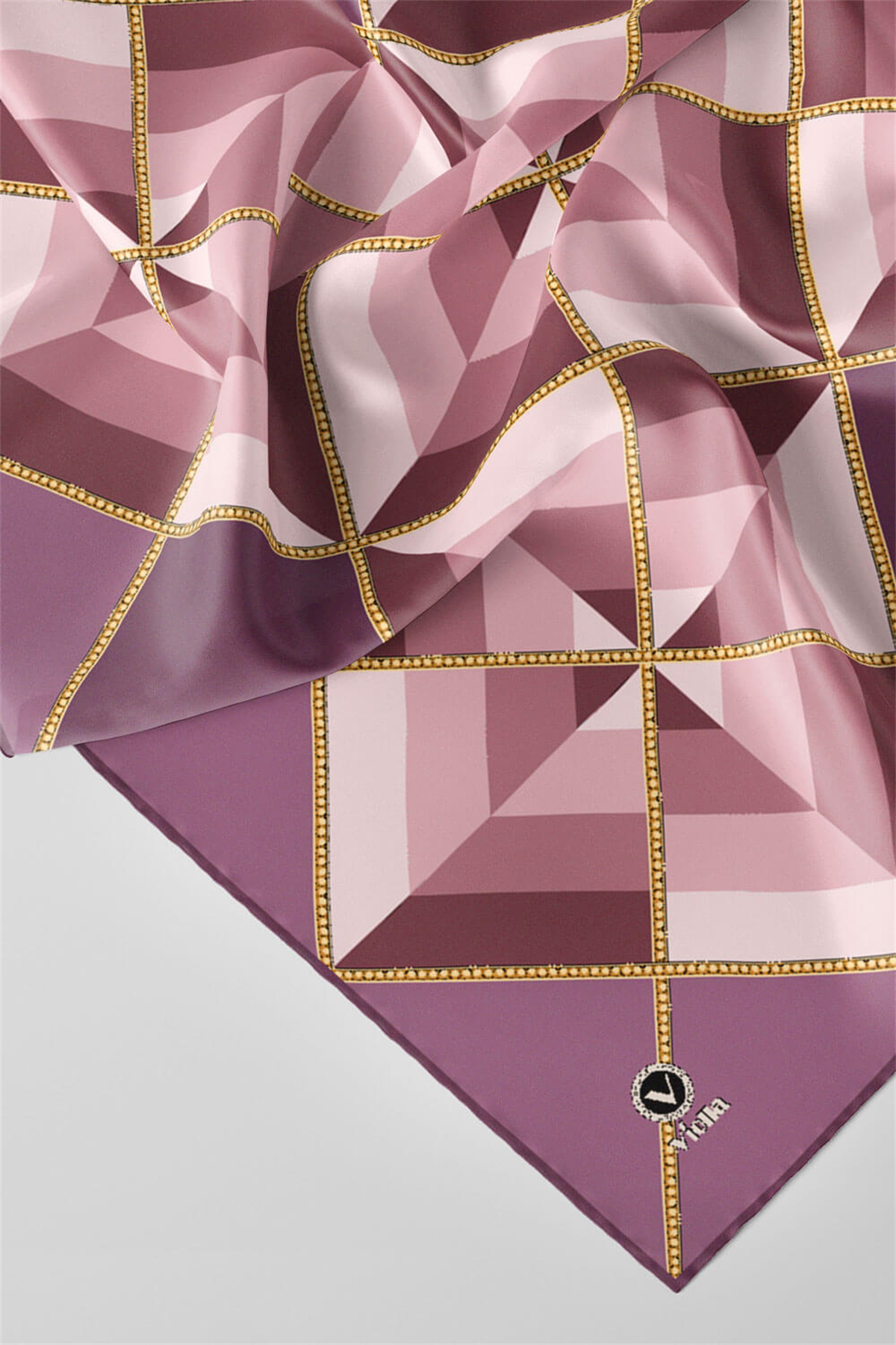 Twill Geometrik Desenli Lila Renkli 90x90 Eşarp (İpek İçermez) Kenar Dikiş Şekli El Dikişli