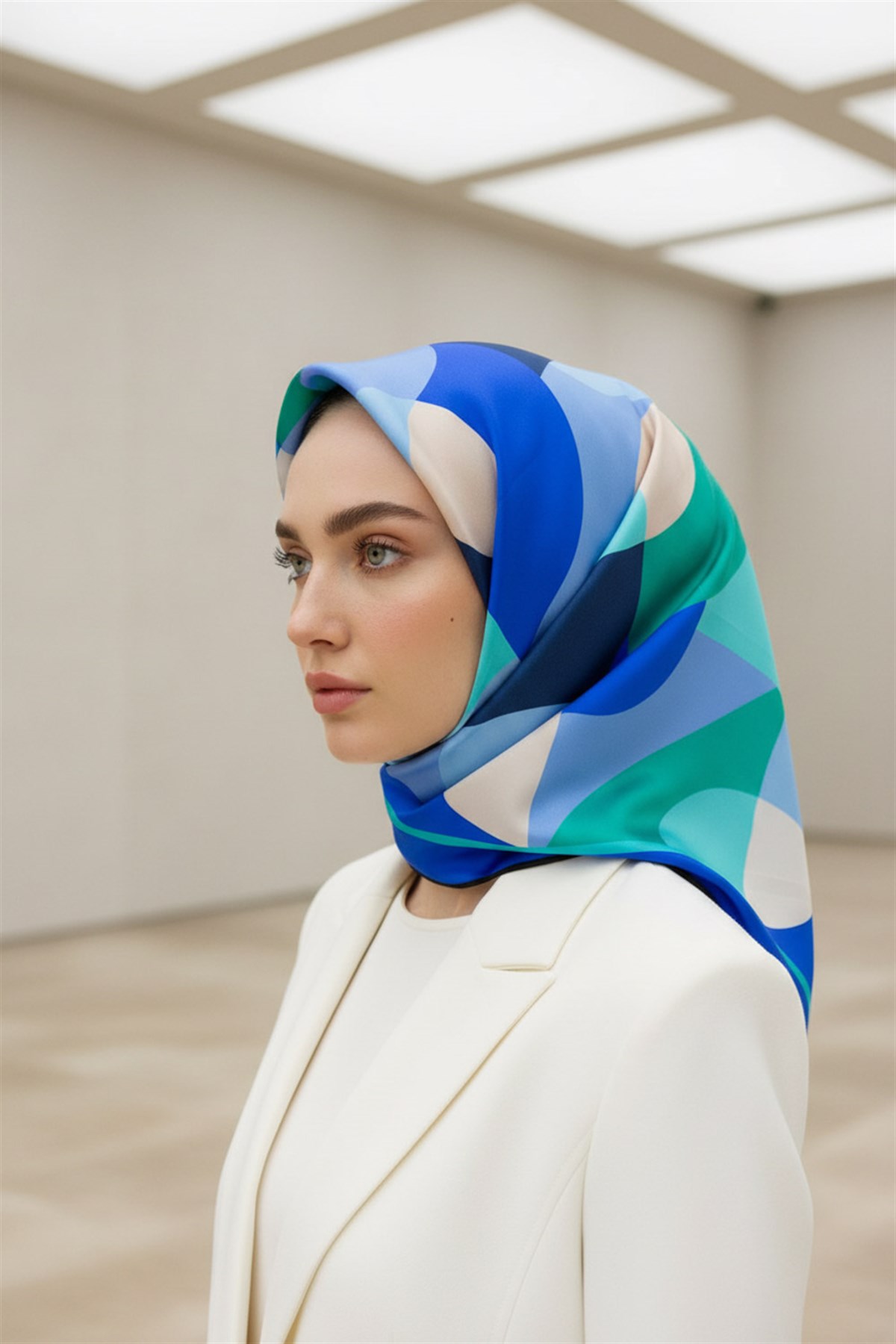 %100 Twill Renk Bloklu Çizgili Desenli Saks - Mint Yeşili Renkli 90x90 Eşarp Dikim Şekli: El Dikişii