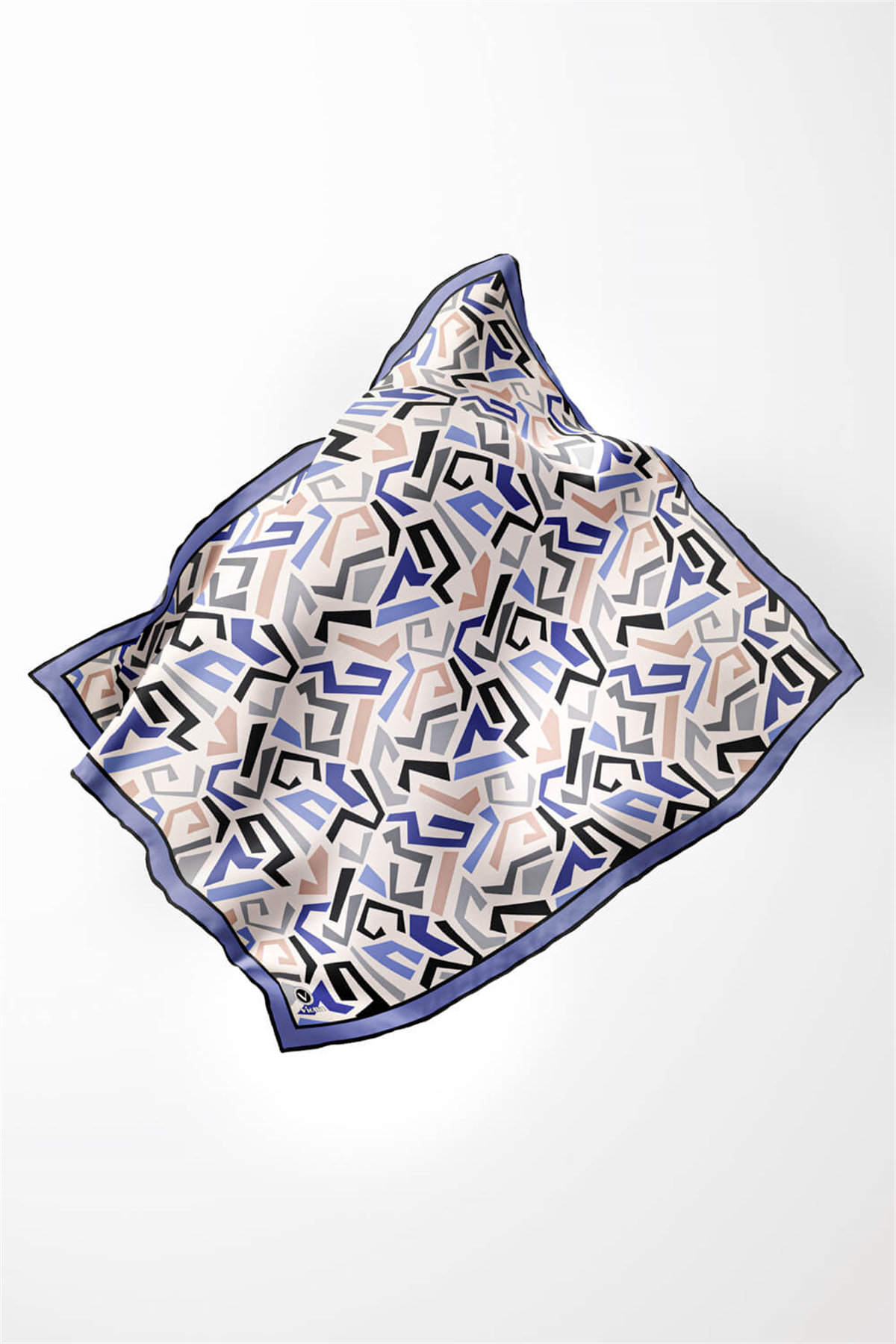 Twill Geometrik Desenli Bebe Mavisi Renkli 90x90 Eşarp (İpek İçermez) Kenar Dikiş Şekli El Dikişli