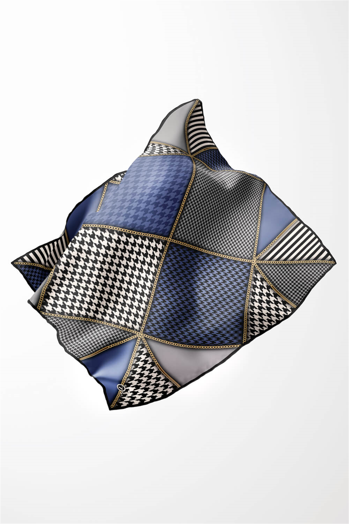 Twil Geometrik Ve Kazayak Desenli İndigo Renkli 90x90 Eşarp (İpek İçermez) Dikim Şekli : El Dikişi