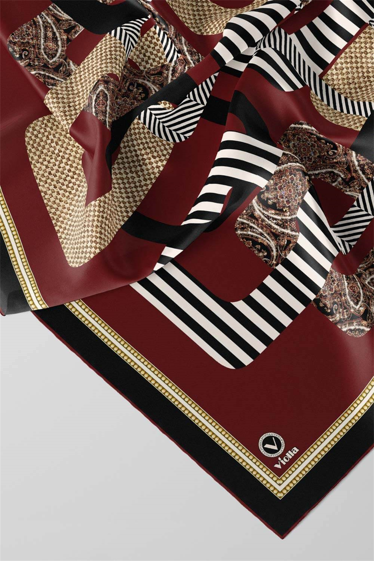 Twill Geometrik Desenli Bordo Renkli 90x90 Eşarp (İpek İçermez) Kenar Dikiş Şekli El Dikişli