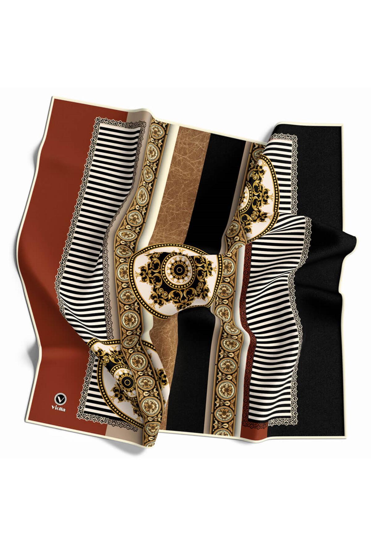 Twill Çizgili ve Barok Desenli Taba Renkli 90x90 Eşarp (İpek İçermez) Kenar Dikiş Şekli El Dikişli