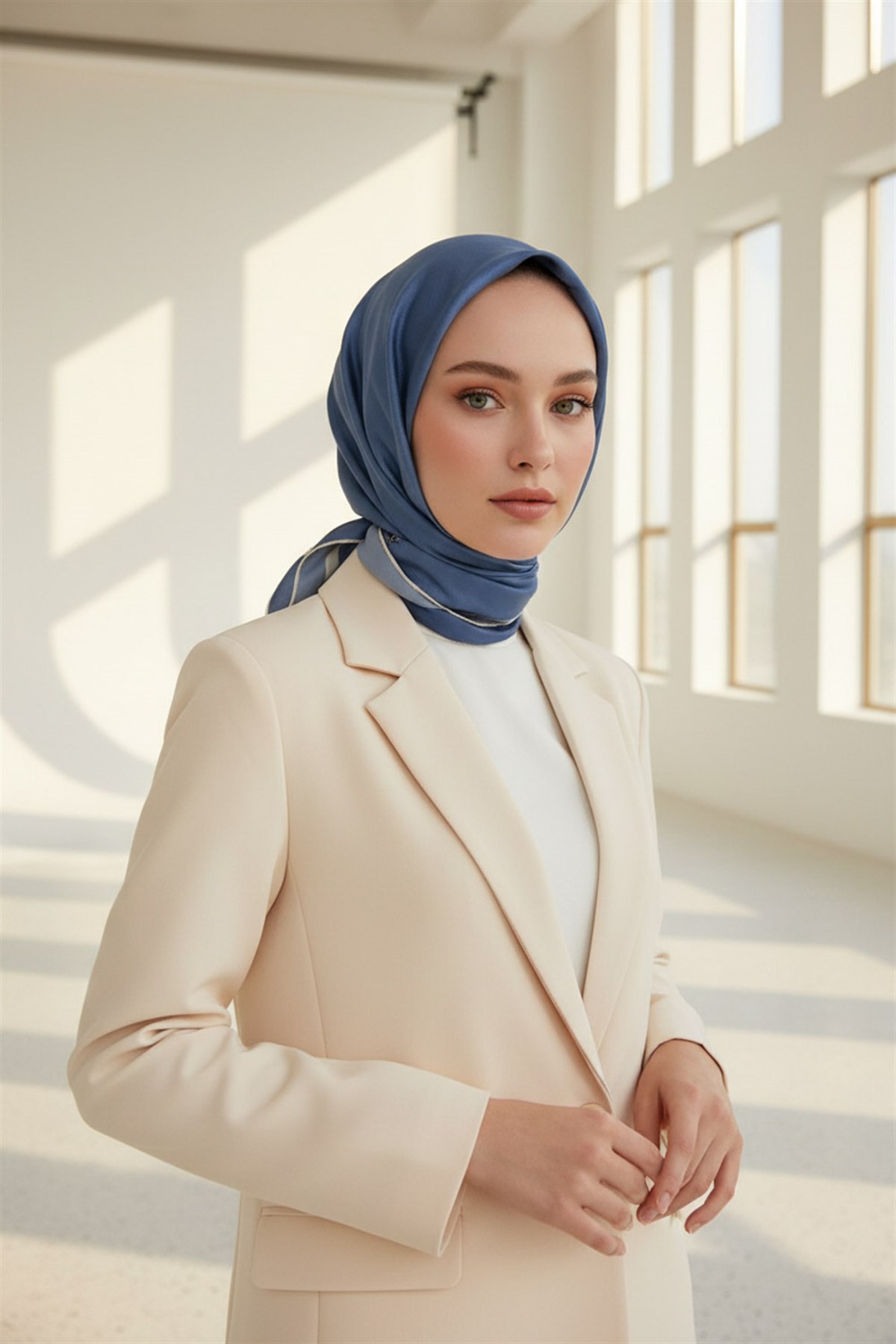 100% Twill İpek Düz Renk Bordür Desenli İndigo - Krem Renkli Daha Tok Exclusive Serisi 90x90 Dikim Şekli : El Dikişi Eşarp