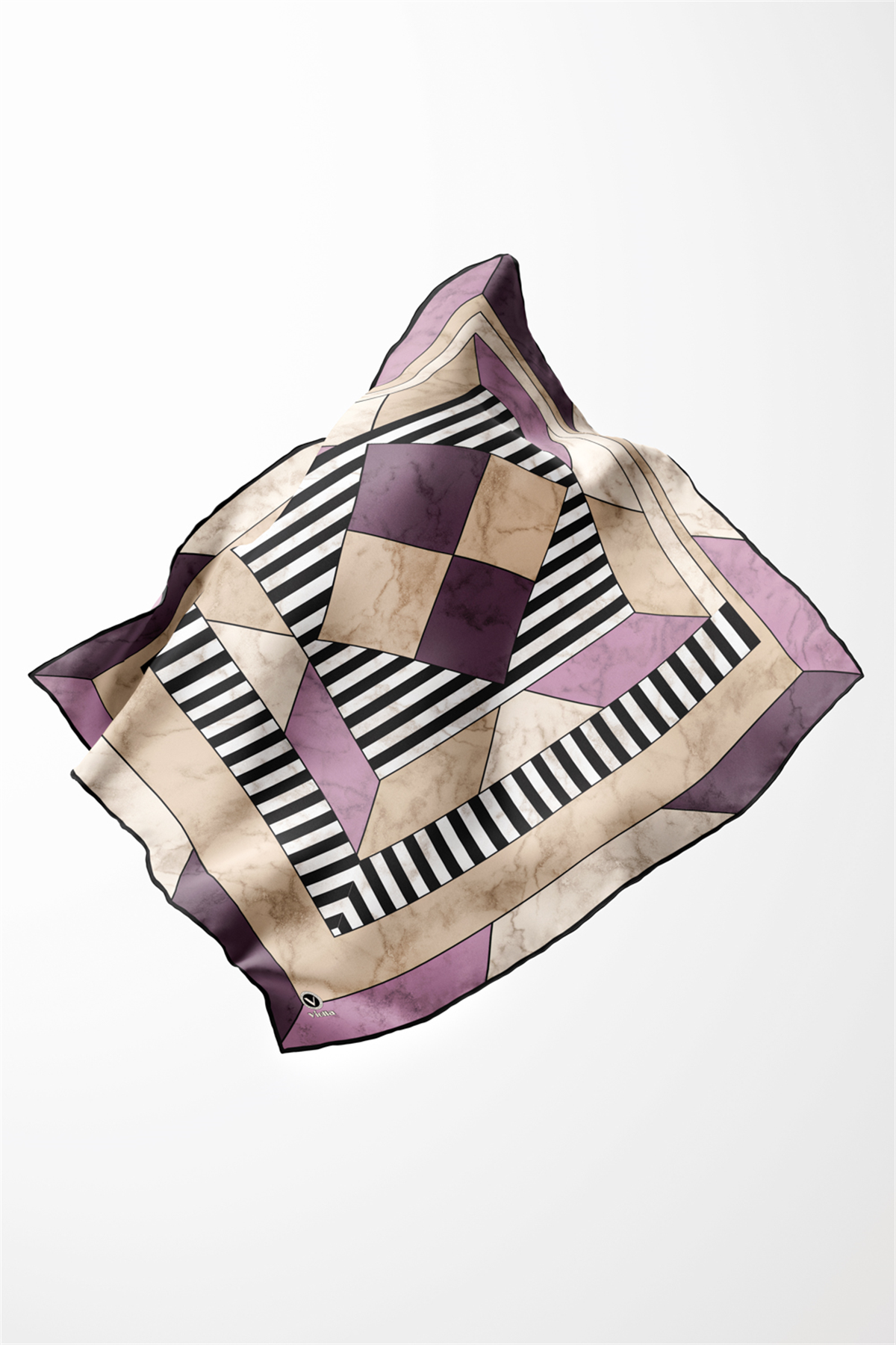 Twill Çizgili Geometrik Mermer Desenli Lila Renkli 90x90 Eşarp (İpek İçermez) Kenar Dikiş Şekli El Dikişli