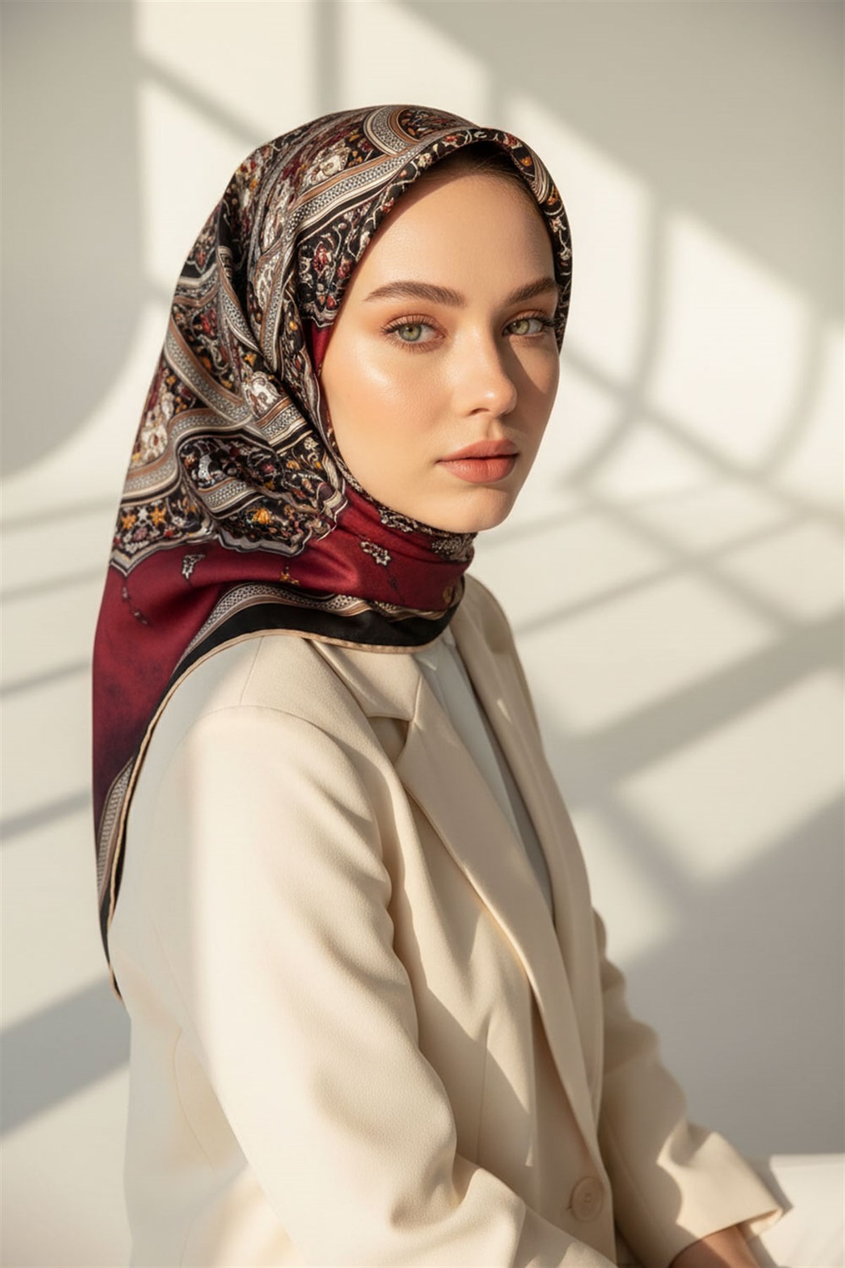 %100 Twill İpek Şal Desenli Bordo - Siyah Renkli 90x90 Eşarp Dikim Şekli : El Dikişi