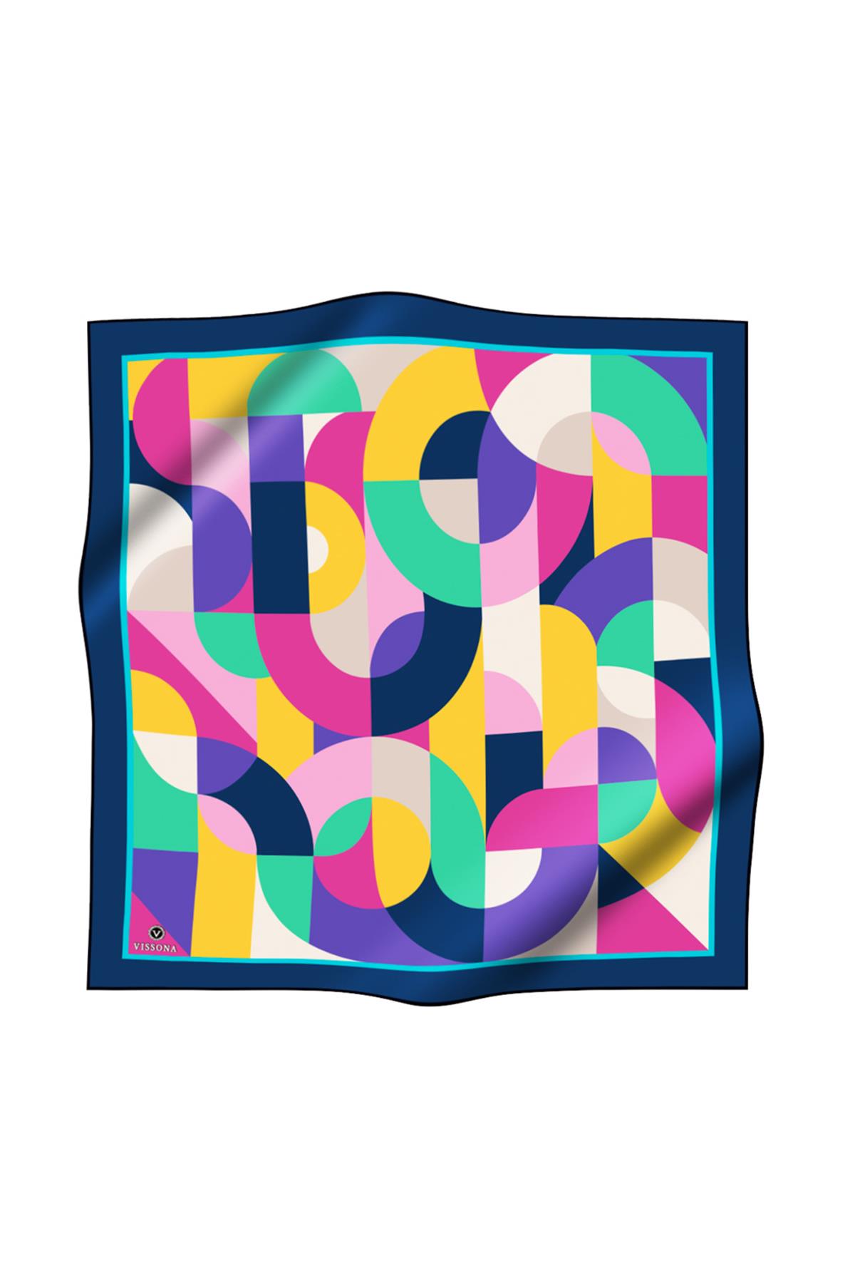 %100 Twill Renk Bloklu Çizgili Desenli Pembe - Lacivert Renkli 90x90 Eşarp Dikim Şekli: El Dikişii