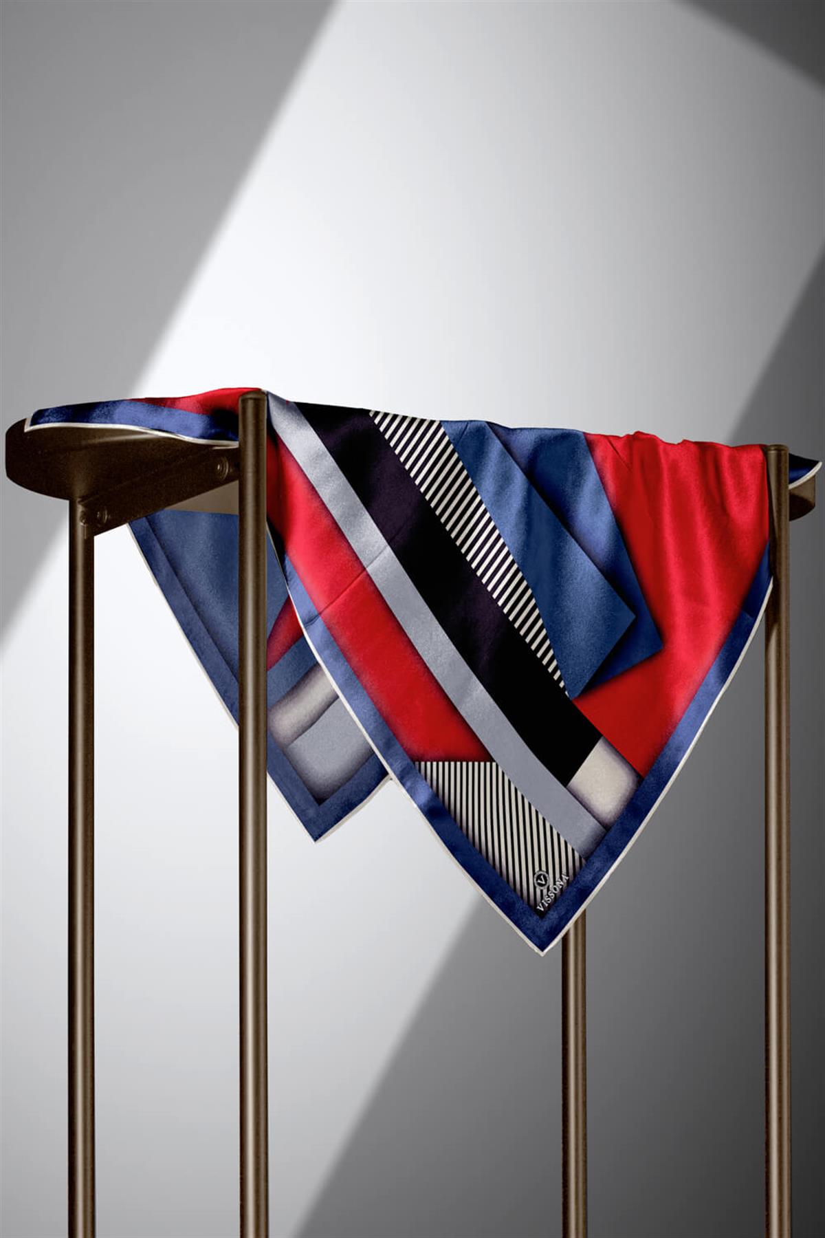 %100 Twill Renk Bloklu Çizgili Desenli Bordo - İndigo Renkli 90x90 Eşarp Dikim Şekli: El Dikişii