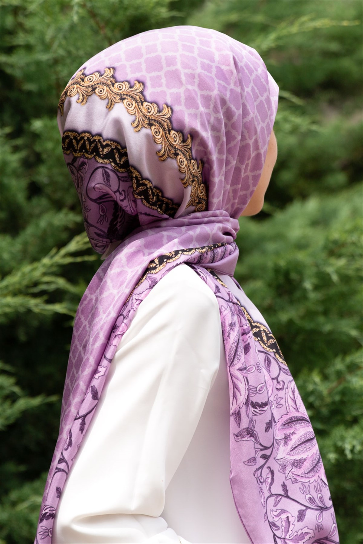 %100 İpek Yaprak Desenli Lila - Gold Renkli 92x210 Şal