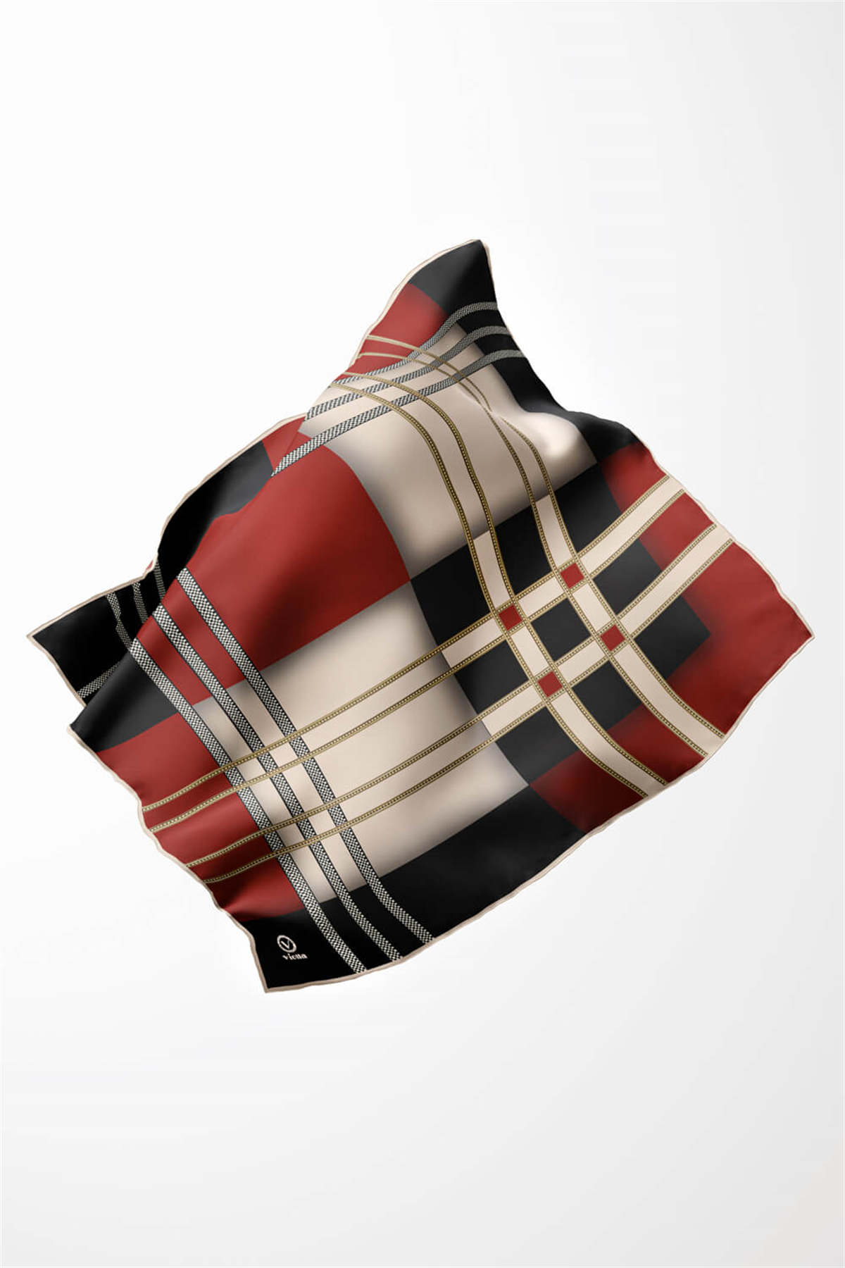 Twill Geometrik Desenli Siyah - Bordo Renkli 90x90 Eşarp (İpek İçermez) Kenar Dikiş Şekli El Dikişli