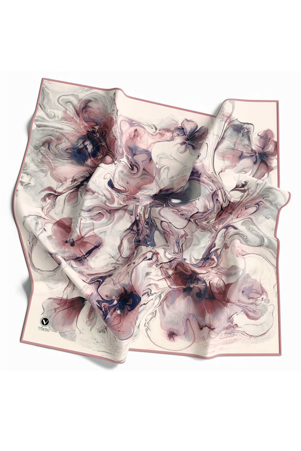 Twill Soyut Desenli Pudra Renkli 90x90 Eşarp (İpek İçermez) Kenar Dikiş Şekli El Dikişli