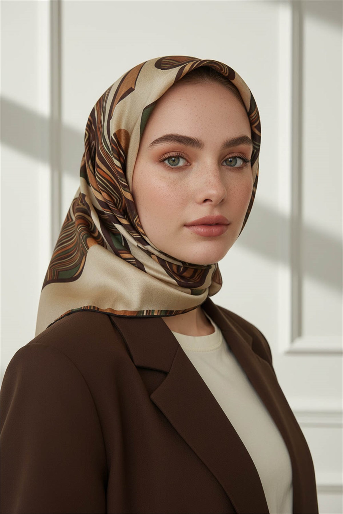 %100 Twill İpek Geometrik Kare Desenli Haki - Bej Renkli 90x90 Eşarp Dikim Şekli : El Dikişi