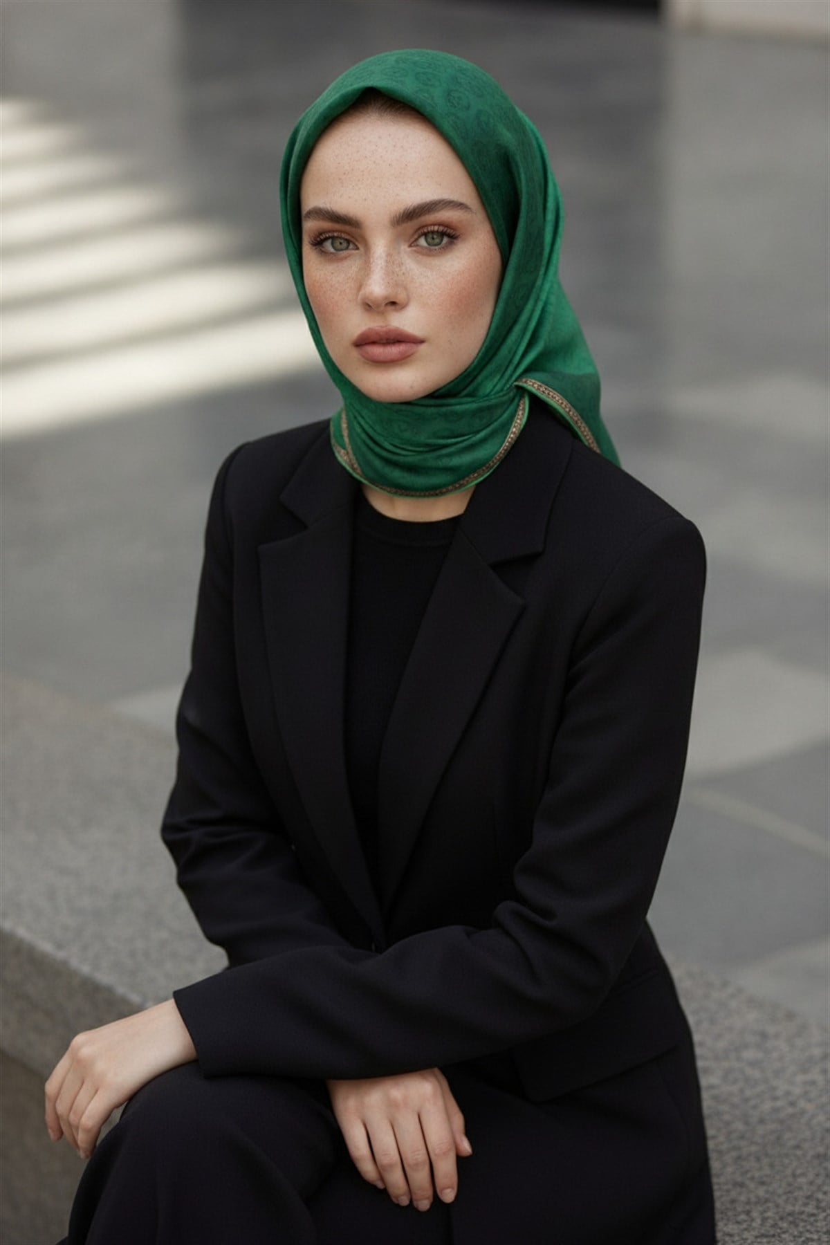 %100 Twill İpek Monogram Desenli Zümrüt Yeşili Renkli 90x90 Eşarp Dikim Şekli : El Dikişi