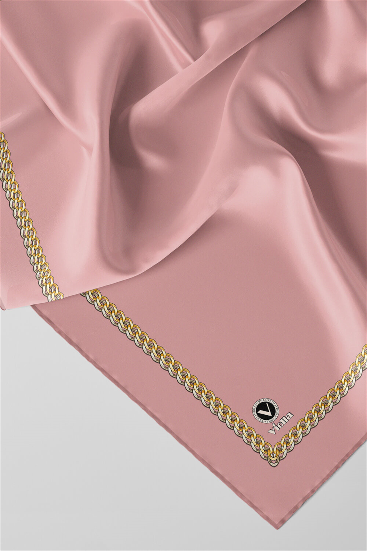Twill Kenar Motifi Zincir Desenli Düz Pudra Renkli 90x90 Dikim Şekli : El Dikişi Eşarp (İpek İçermez)