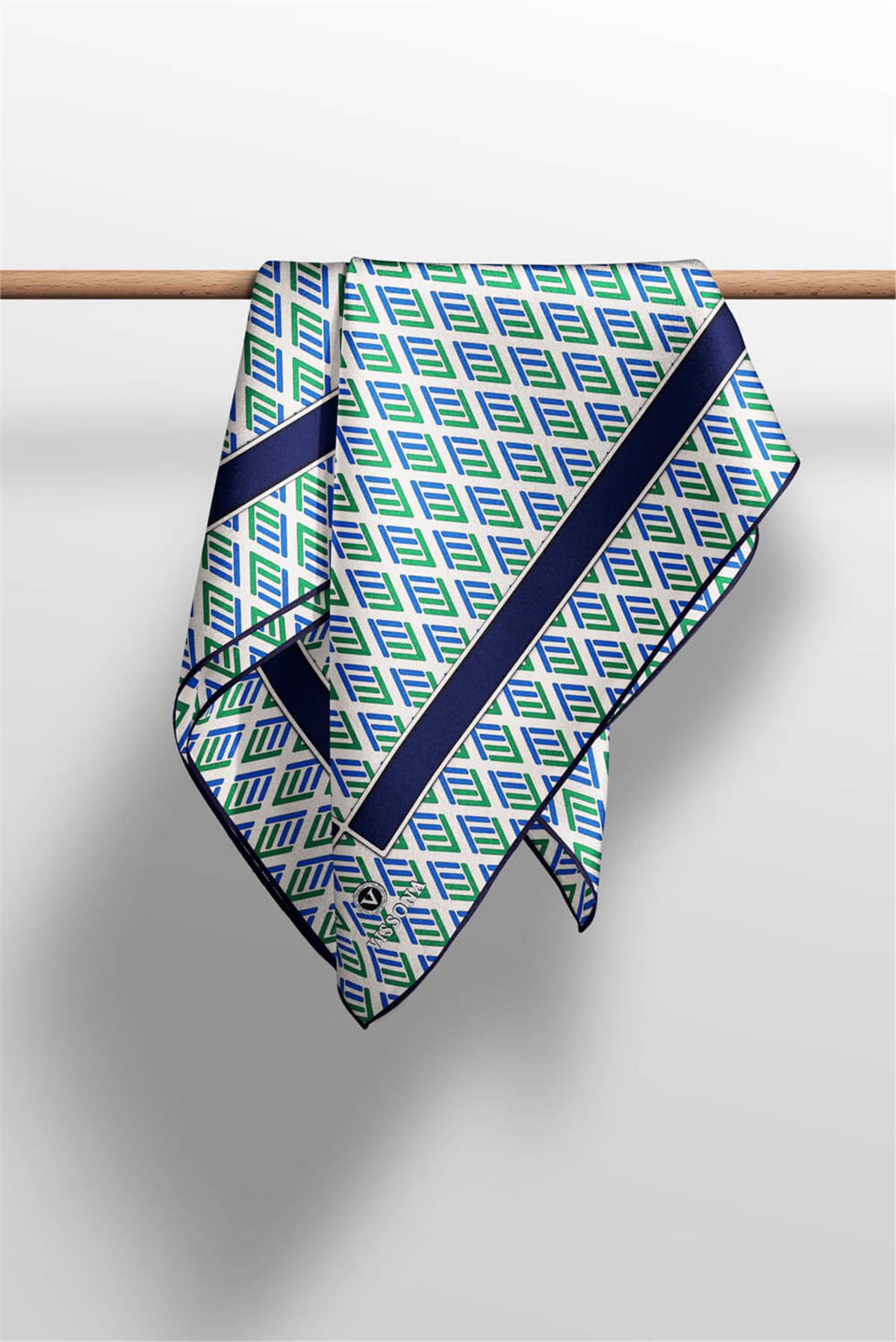 %100 Twill İpek Geometrik Desenli Saks - Zümrüt Yeşili Renkli 90x90 Eşarp Dikim Şekli : El Dikişi