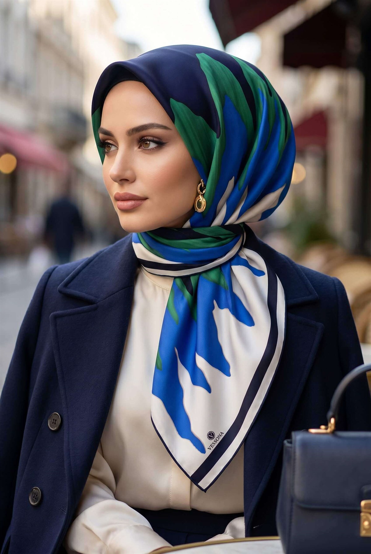 %100 Twill İpek Geometrik Desenli Lacivert - Çam Yeşili Renkli 90x90 Eşarp Dikim Şekli : El Dikişi