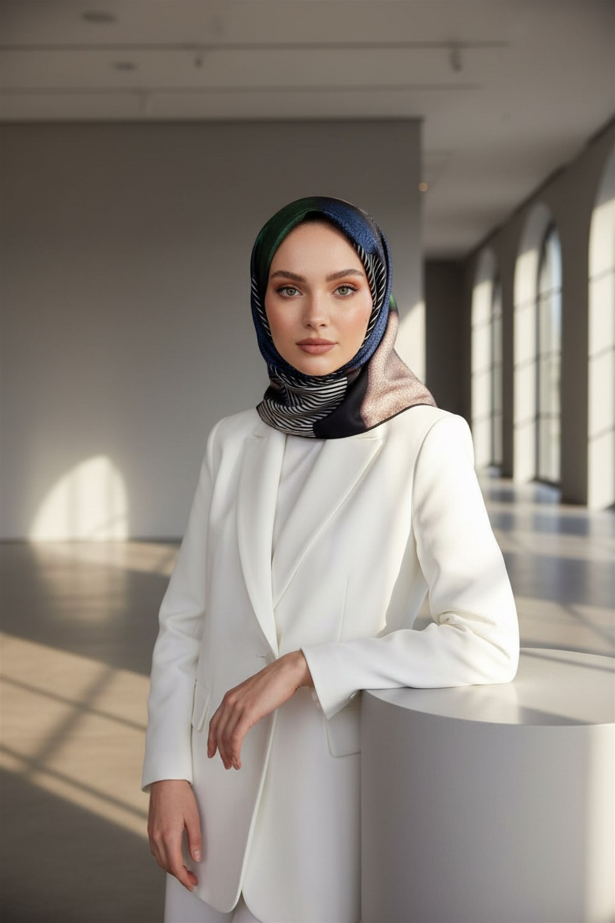 %100 Twill İpek Dokulu ve Geometrik Desenli Lacivert - Zümrüt Yeşili Renkli 90x90 Eşarp Dikim Şekli : El Dikişi
