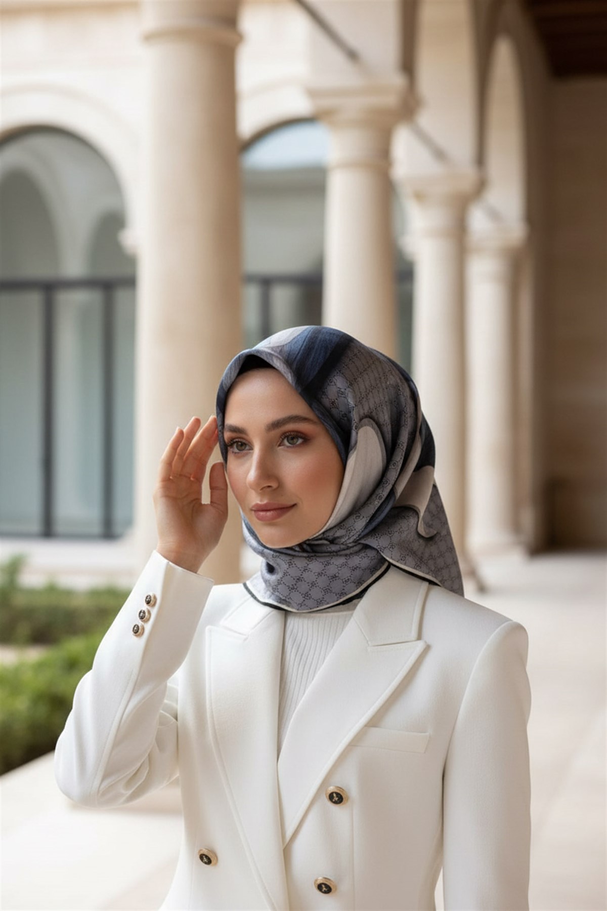100% Twill Geometrik Halka Desenli Gri - Krem Renkli 90x90 Dikim Şekli : El Dikişi Eşarp
