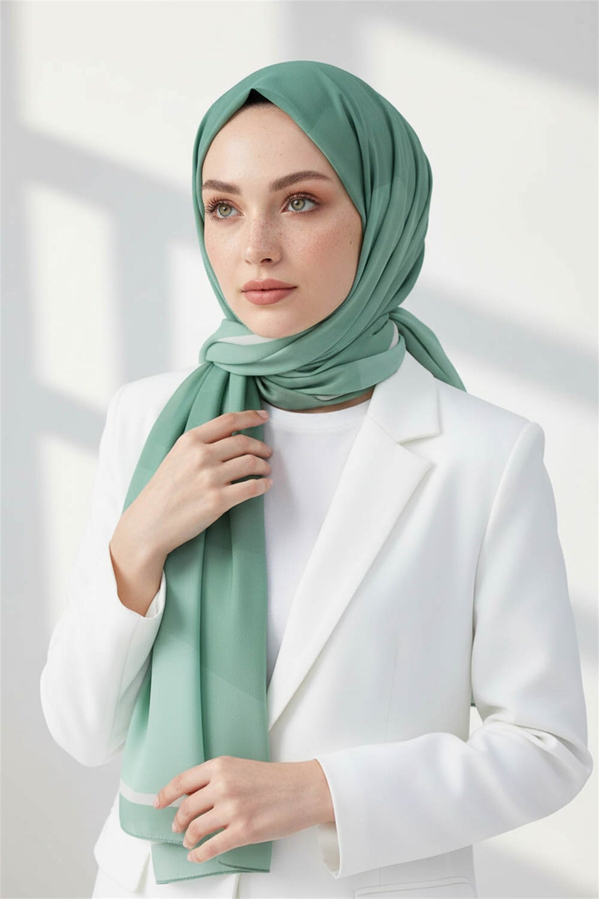 KREP GEOMETRİ DESENLİ MİNT YEŞİLİ RENKLİ 75X195 KIRIŞMAZ ŞAL