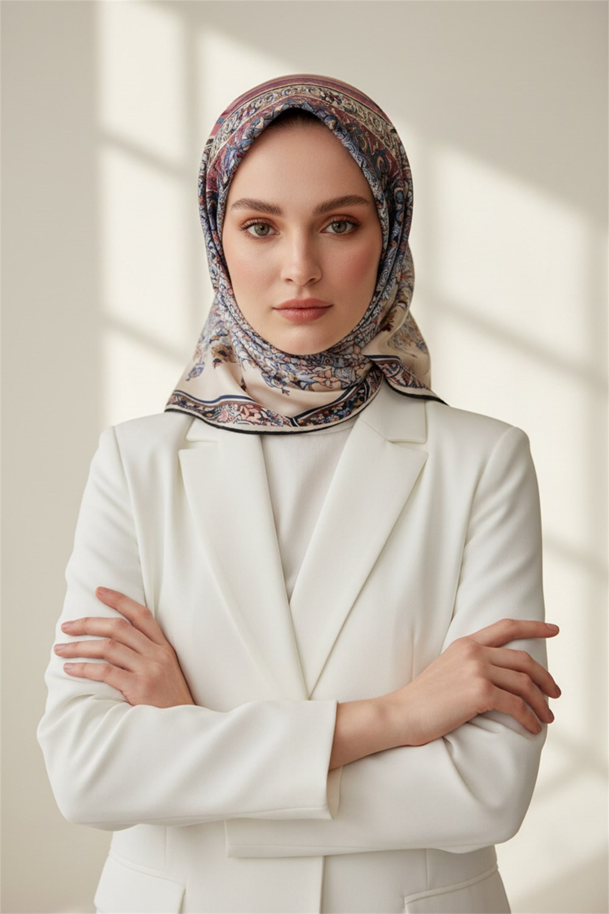 %100 Twill İpek Şal Desenli Pudra Renkli 90x90 Eşarp Dikim Şekli : El Dikişi