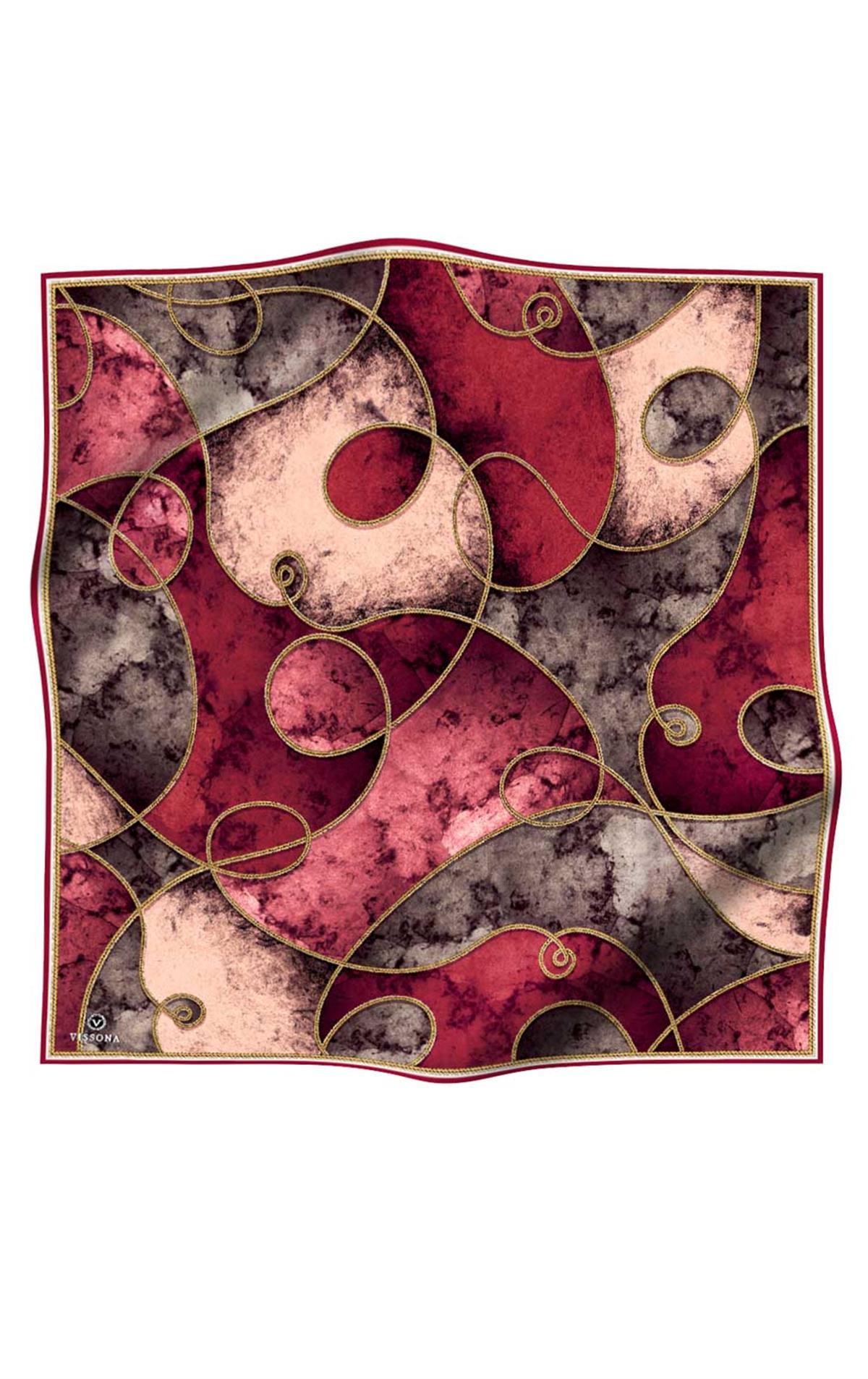 %100 Twill İpek Zincirli Mermer Desenli Bordo - Vizon Renkli 90x90 Eşarp Dikim Şekli : El Dikişi