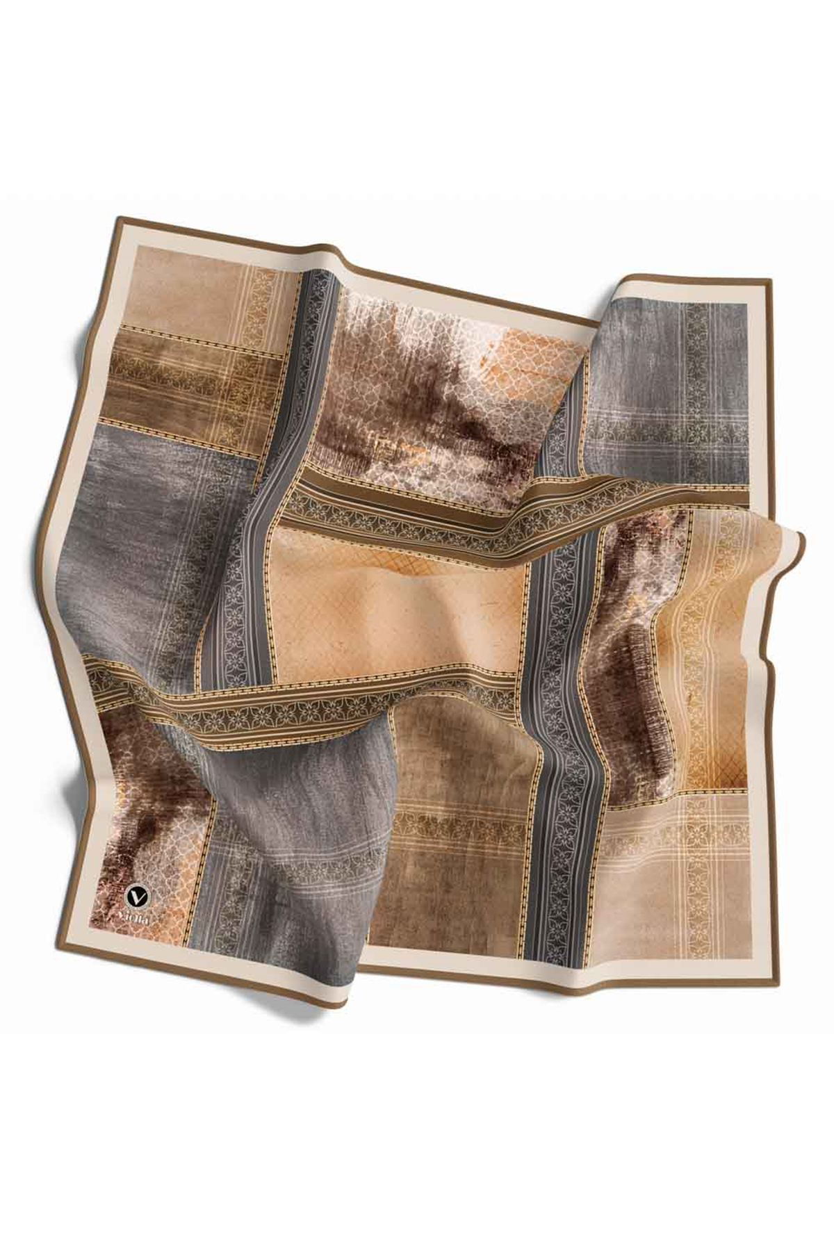 Twill Dokulu Ve Geometrik Desenli Gri Renkli 90x90 Eşarp (İpek İçermez) Dikim Şekli : El Dikişi