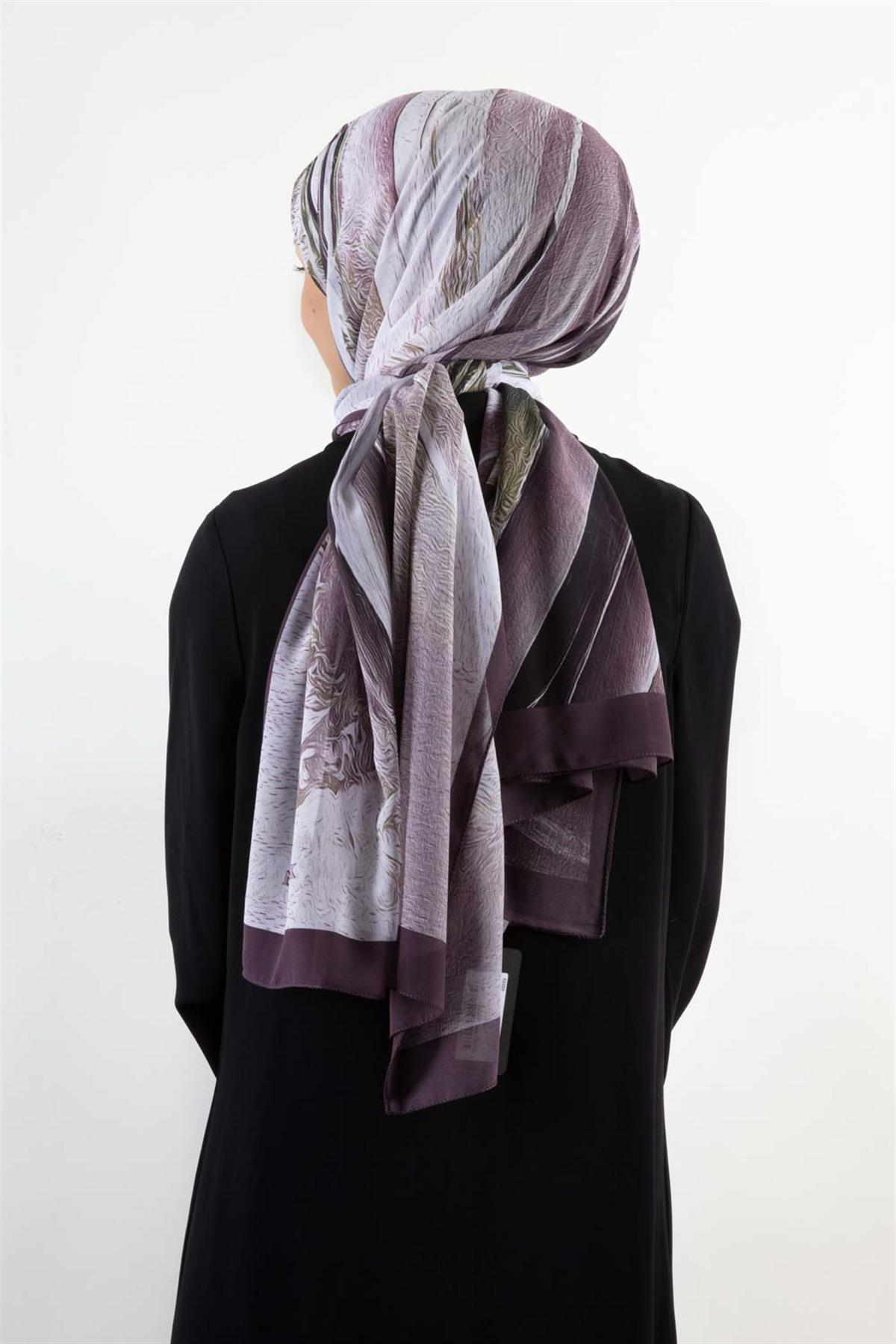 KREP ŞAL EFEKTLİ VE SOYUT DESENLİ MÜRDÜM RENKLİ 70X190 KIRIŞMAZ ŞAL İTAYLYAN DİKİŞLİ