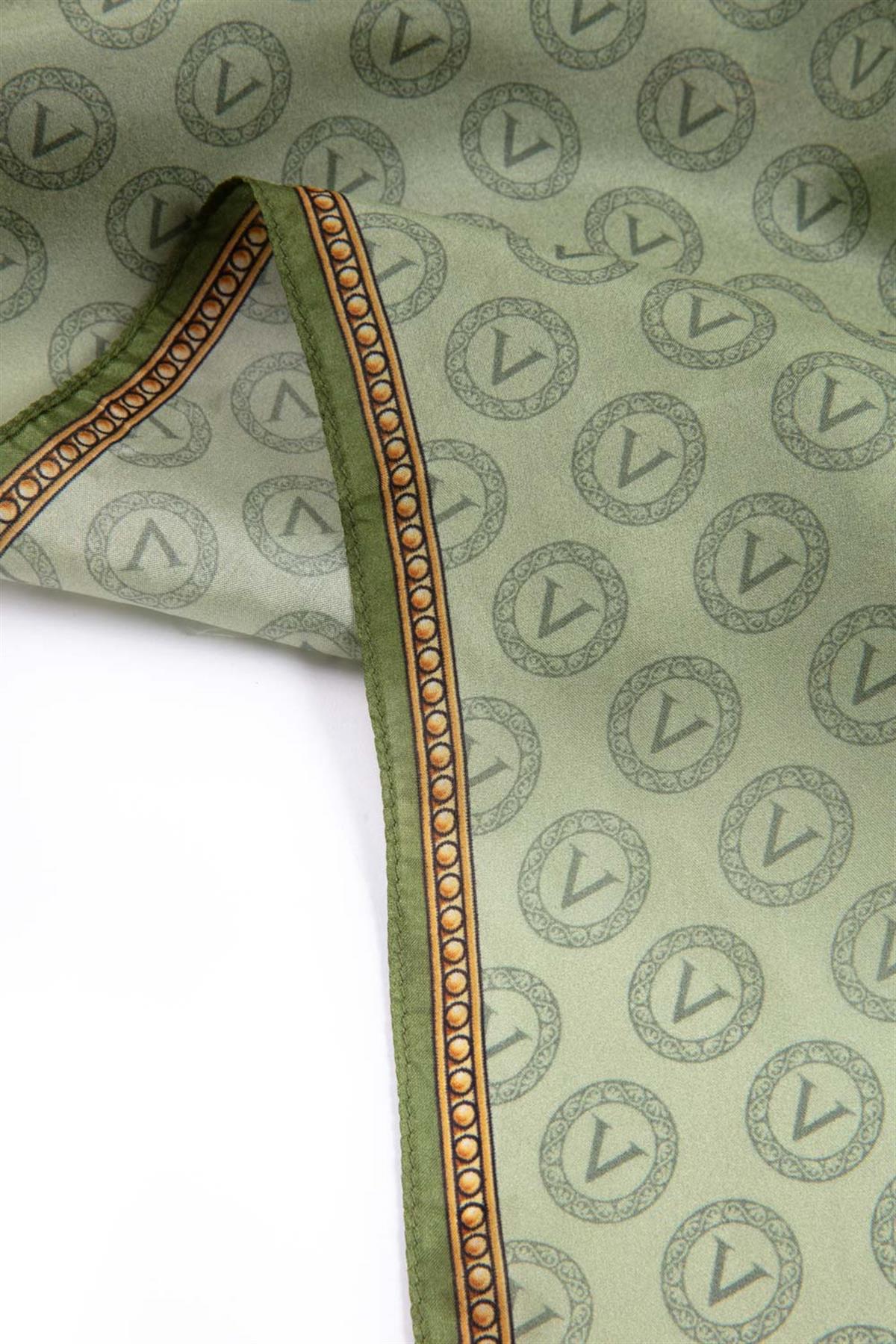 %100 İpek Degradeli Ve Monogram Desenli Haki - Gold Renkli 92x210 Şal