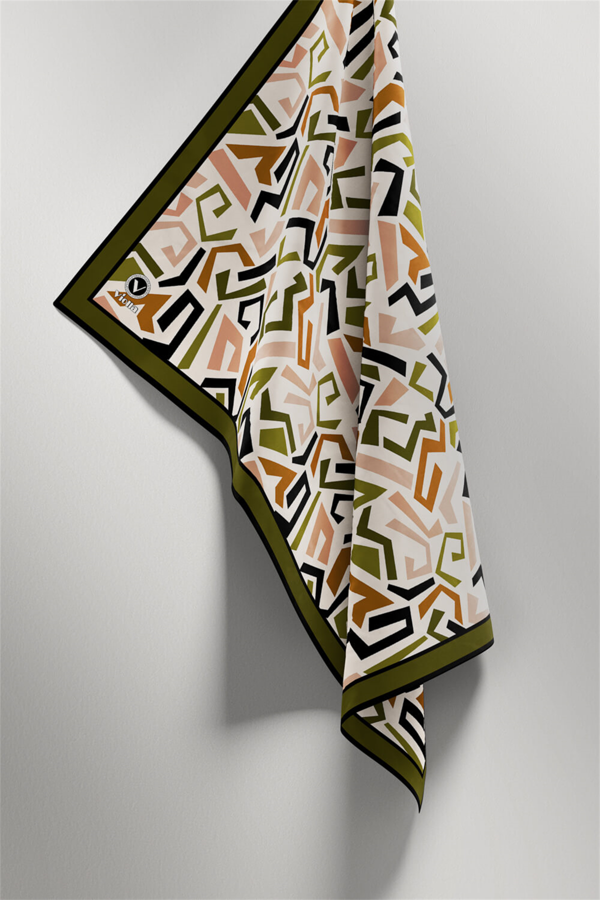 Twill Geometrik Desenli Haki Yeşili Renkli 90x90 Eşarp (İpek İçermez) Kenar Dikiş Şekli El Dikişli