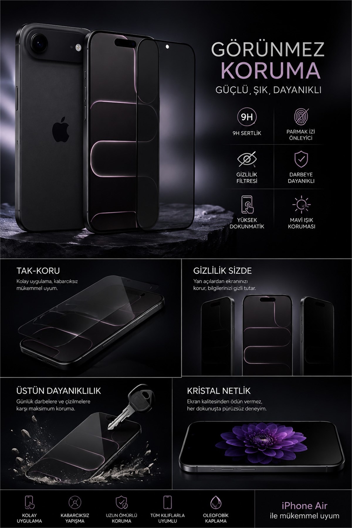 iPhone 17 Pro Max Uyumlu Hayalet Privacy %100 Gerçek Temperli Cam Ekran Koruyucu Plastik Film Değil Tam Kaplayan Kolay Kurulum Aparatlı