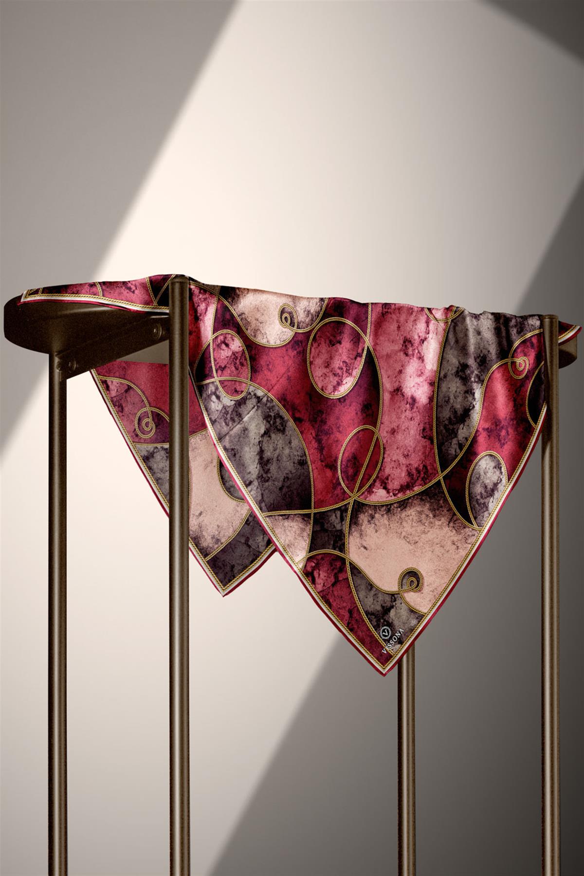 %100 Twill İpek Zincirli Mermer Desenli Bordo - Vizon Renkli 90x90 Eşarp Dikim Şekli : El Dikişi