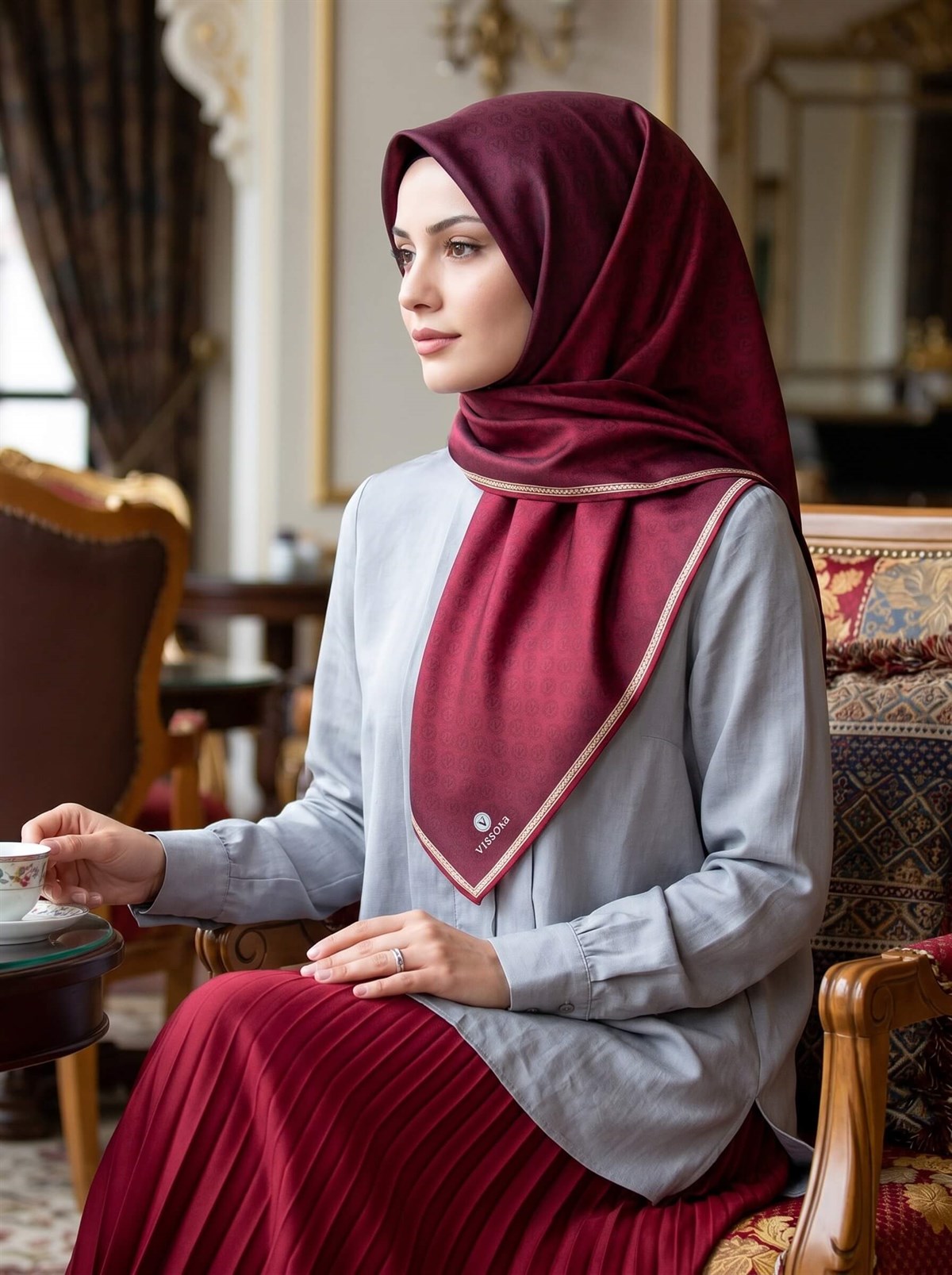 %100 Twill İpek Monogram Desenli Bordo Renkli 90x90 Eşarp Dikim Şekli : El Dikişi