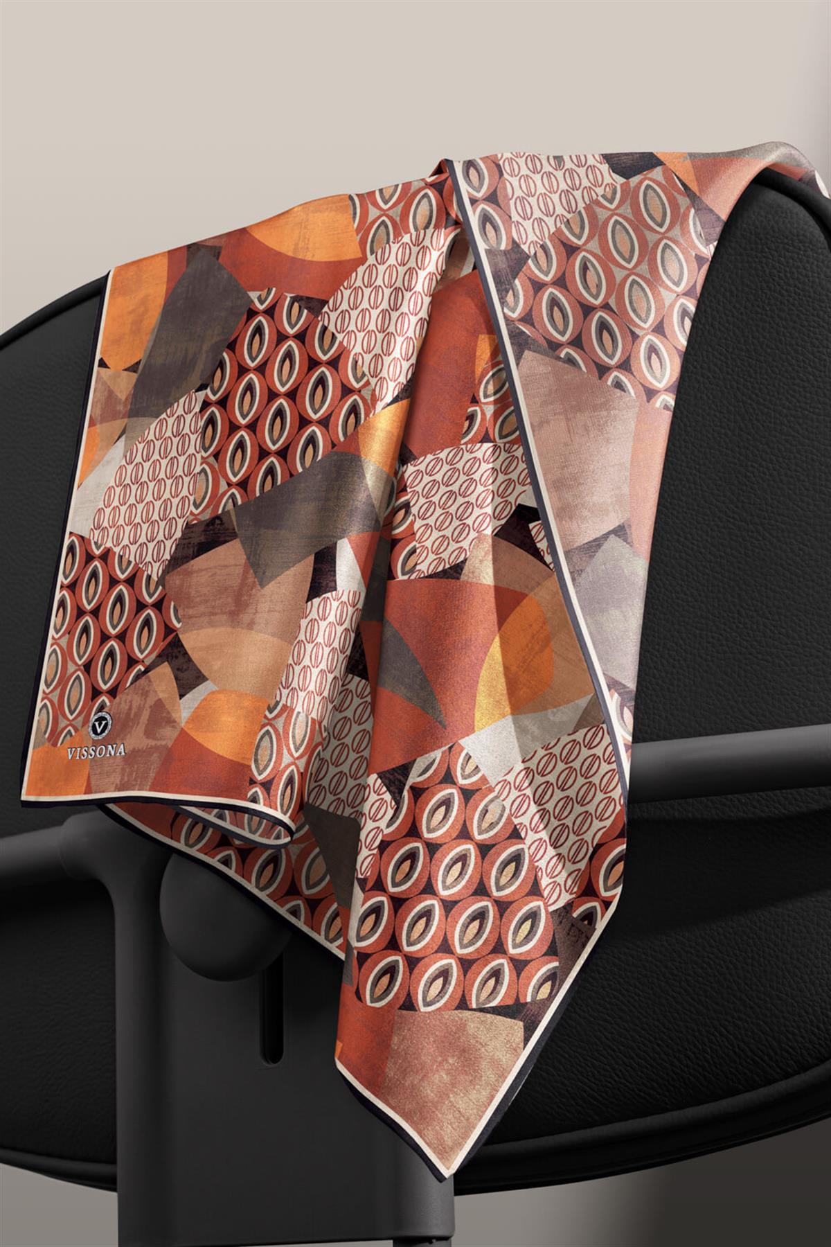 %100 Twill İpek Geometrik Desenli Kahverengi - Taba Renkli 90x90 Eşarp Eşarp Kenar Dikiş Şekli El Dikişli