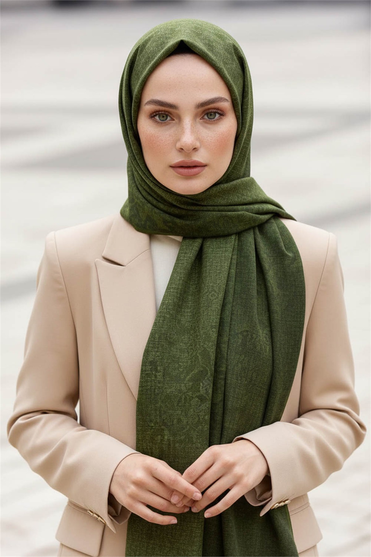 KREP DOKU DESENLİ HAKİ RENKLİ 75X195 KIRIŞMAZ ŞAL