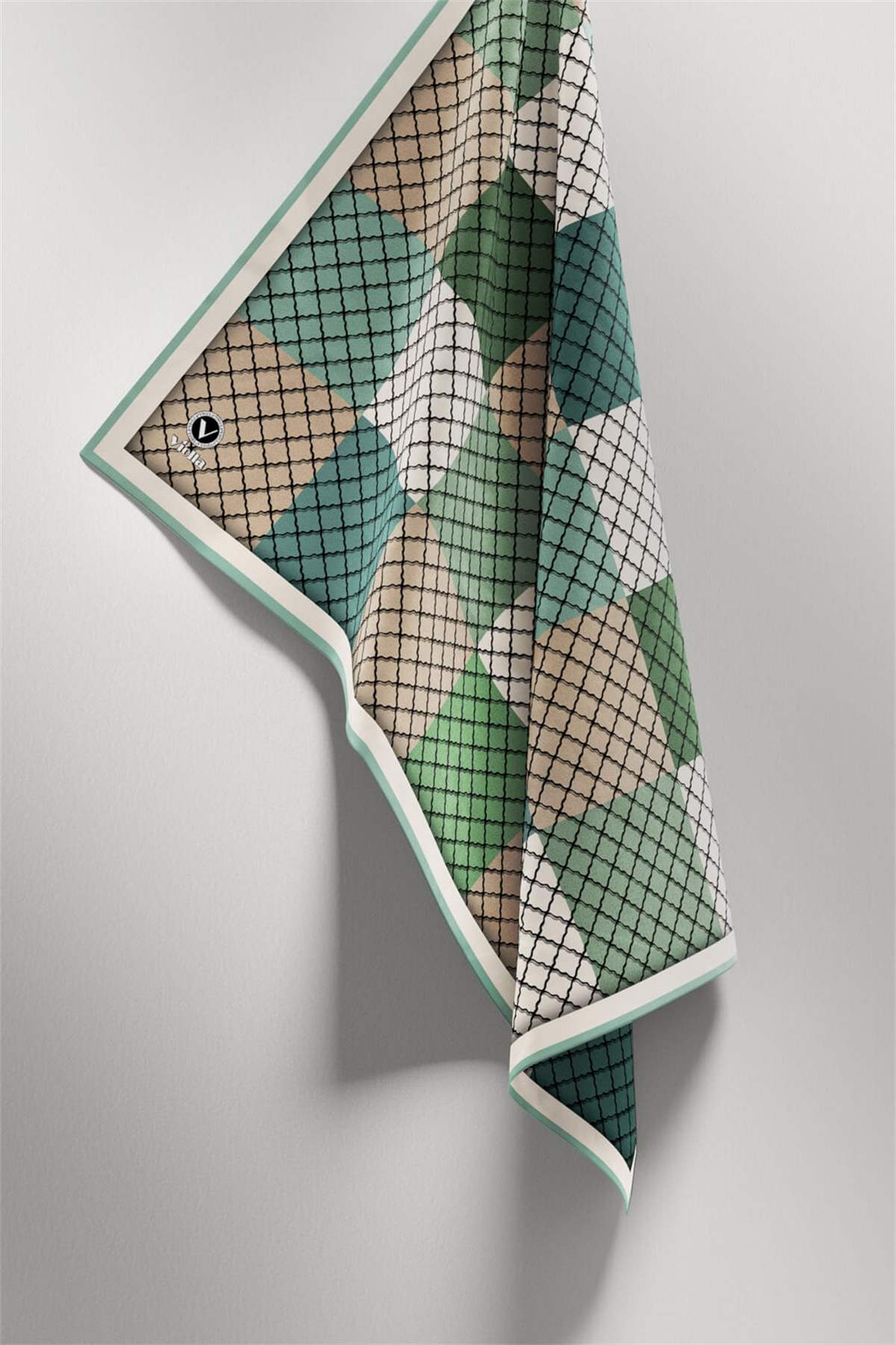 Twill Kare Desenli Koyu Mint Yeşili Renkli 90x90 Eşarp (İpek İçermez) Kenar Dikiş Şekli El Dikişli